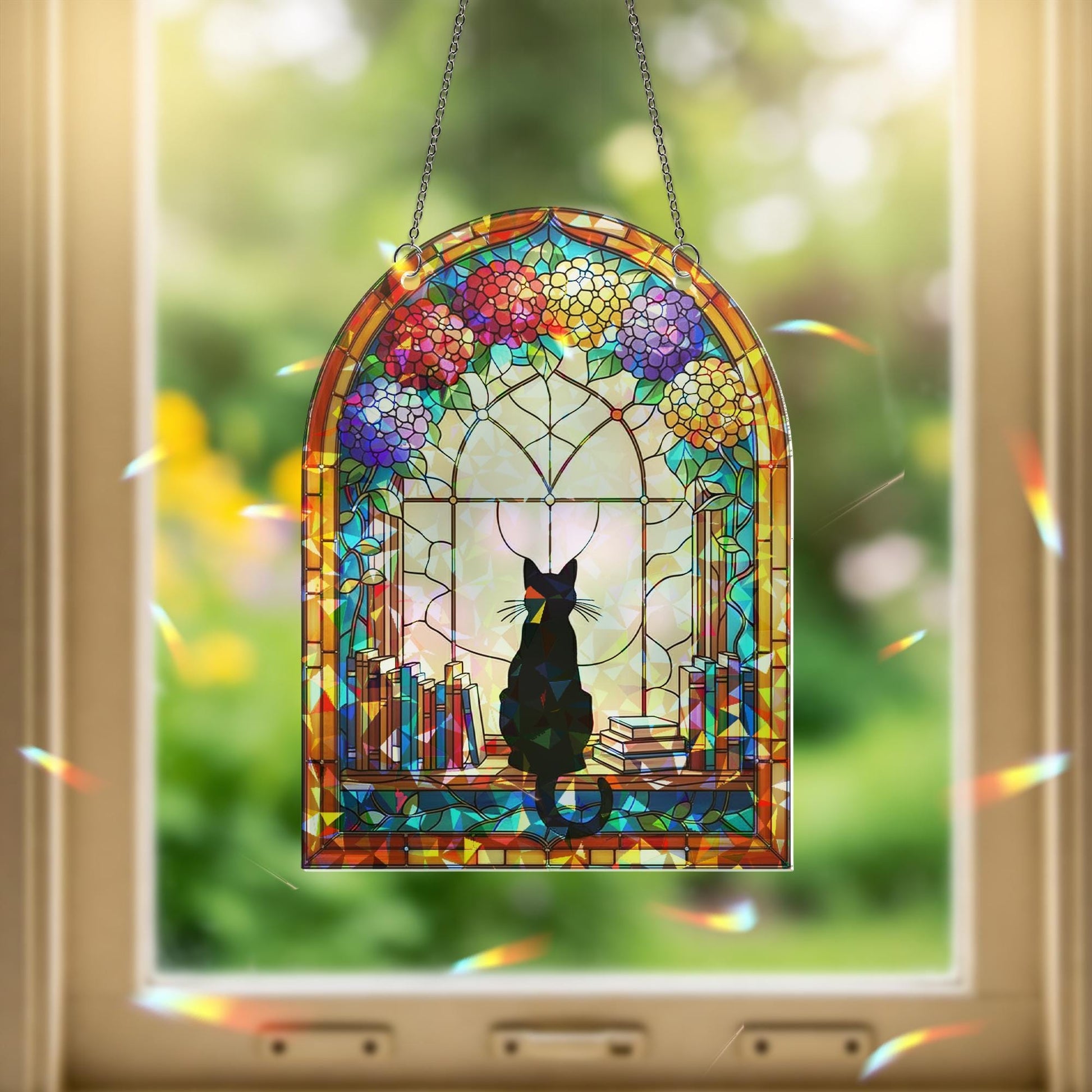 Black Cat in Library Window Hologram Acrylic Hanging – Book Lover Cat Decor, Floral Arched Window Hanging Gift, Black Cat Decor, Cat Lover