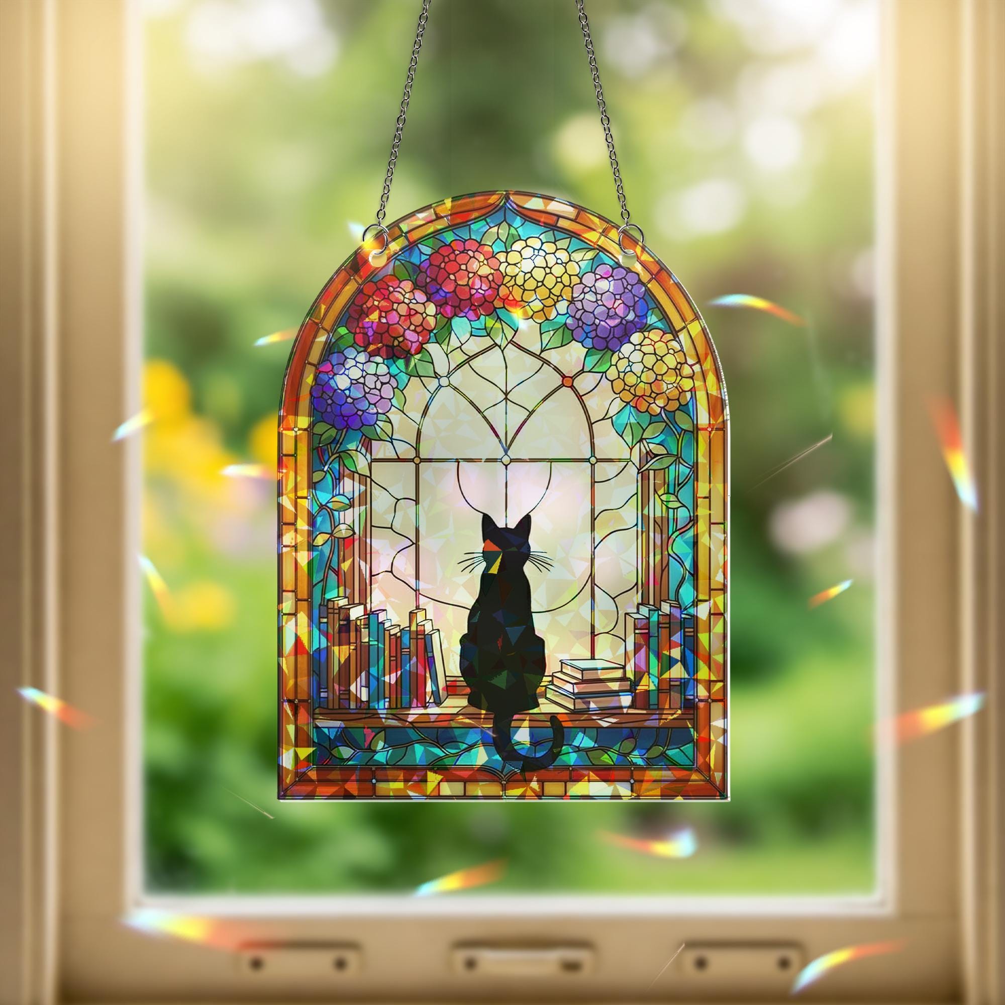 Black Cat in Library Window Hologram Acrylic Hanging – Book Lover Cat Decor, Floral Arched Window Hanging Gift, Black Cat Decor, Cat Lover