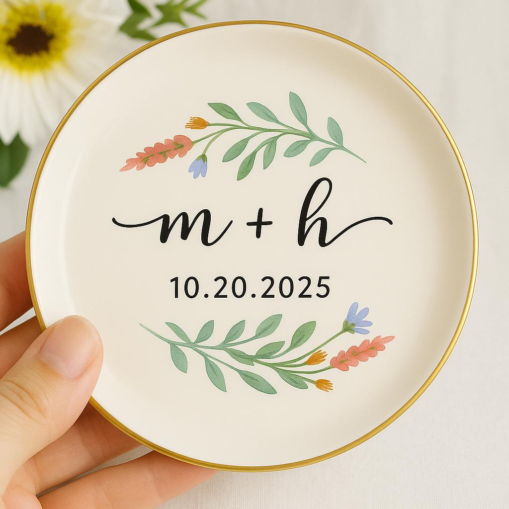 Custom Wedding Ring Dish with Initials & Date, Personalized Floral Jewelry Tray, Ceramic Engagement Gift, Couple Keepsake