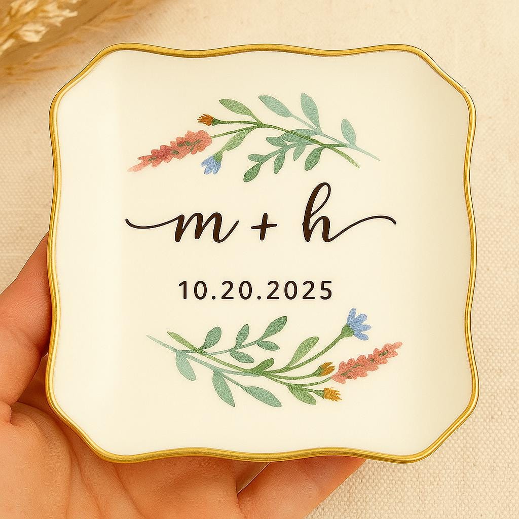 Custom Wedding Ring Dish with Initials & Date, Personalized Floral Jewelry Tray, Ceramic Engagement Gift, Couple Keepsake