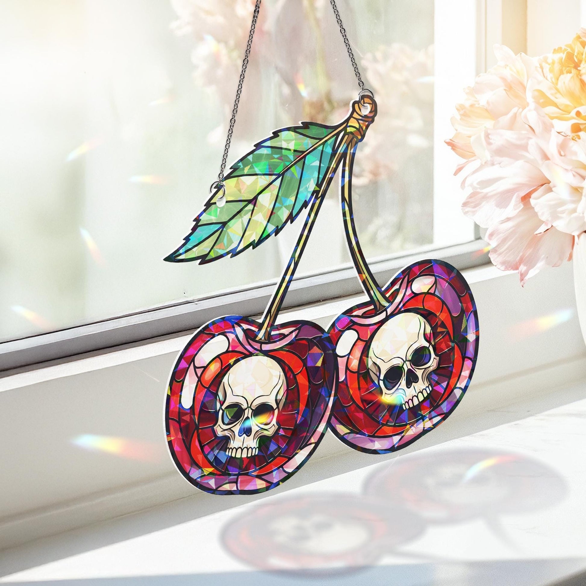 Skull Cherry Suncatcher - Holographic Gothic Fruit Window Hanging, Stained Glass Style Alt Decor, Edgy Halloween Home Gift