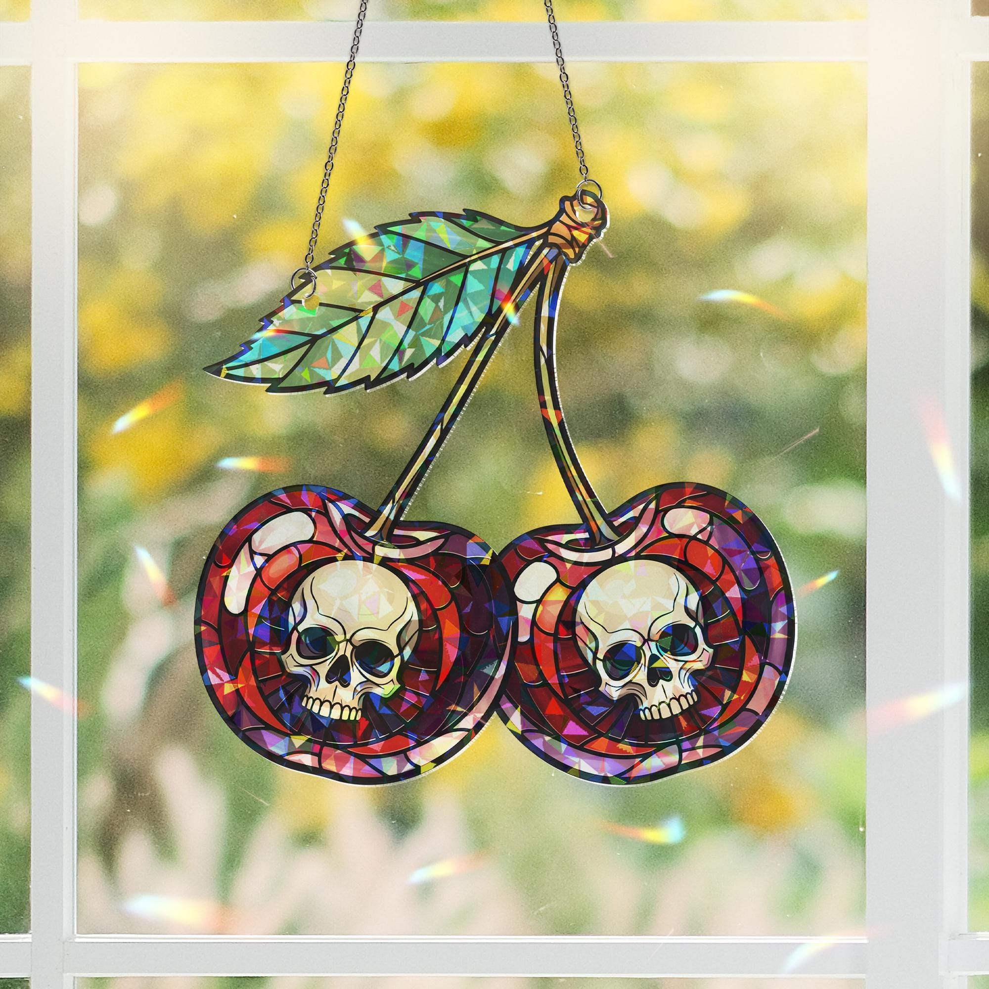Skull Cherry Suncatcher - Holographic Gothic Fruit Window Hanging, Stained Glass Style Alt Decor, Edgy Halloween Home Gift