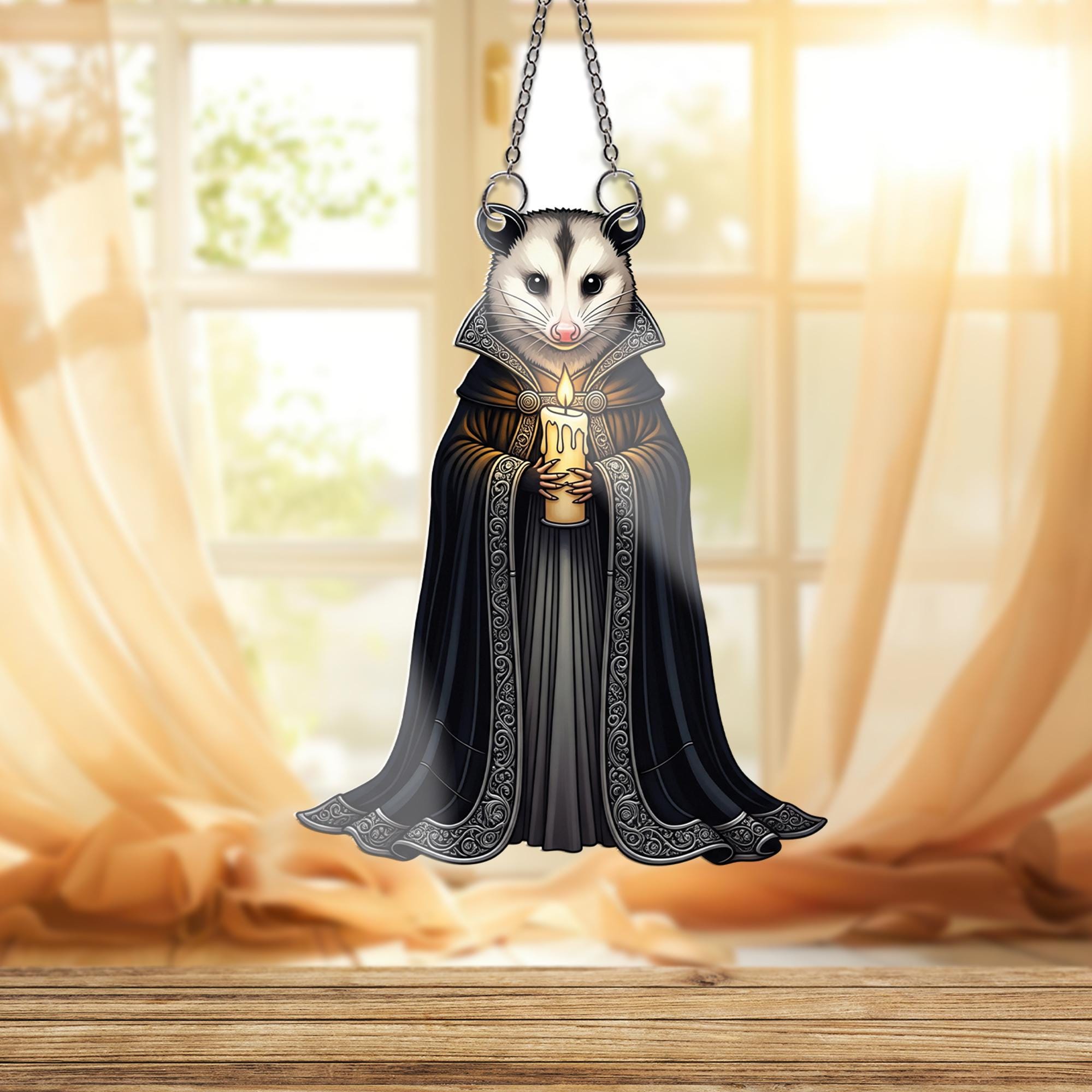 Gothic Possum Suncatcher - Candle Holding Opossum Window Hanging, Dark Academia Rodent Decor, Witchy Cottagecore Animal Gift