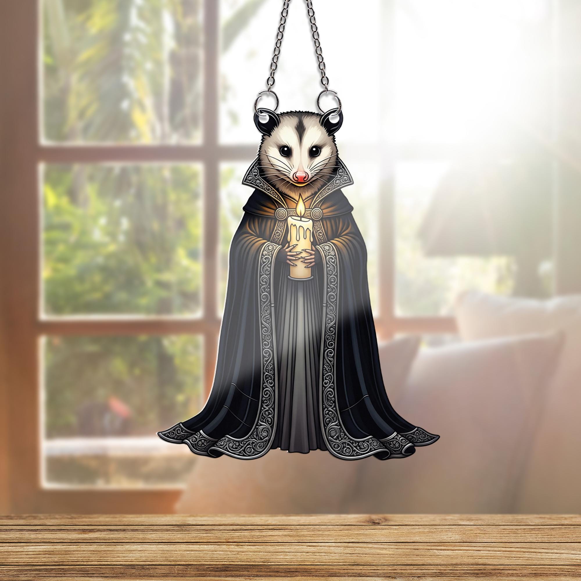 Gothic Possum Suncatcher - Candle Holding Opossum Window Hanging, Dark Academia Rodent Decor, Witchy Cottagecore Animal Gift