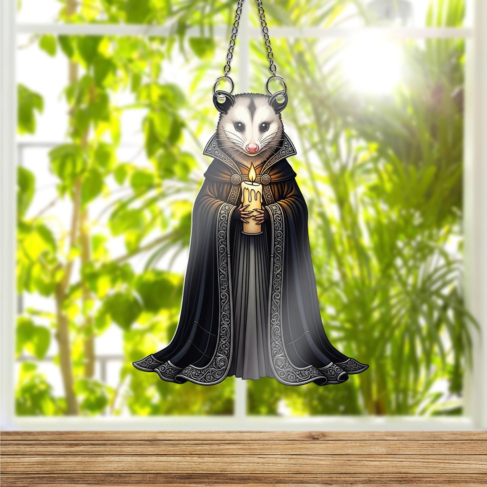Gothic Possum Suncatcher - Candle Holding Opossum Window Hanging, Dark Academia Rodent Decor, Witchy Cottagecore Animal Gift