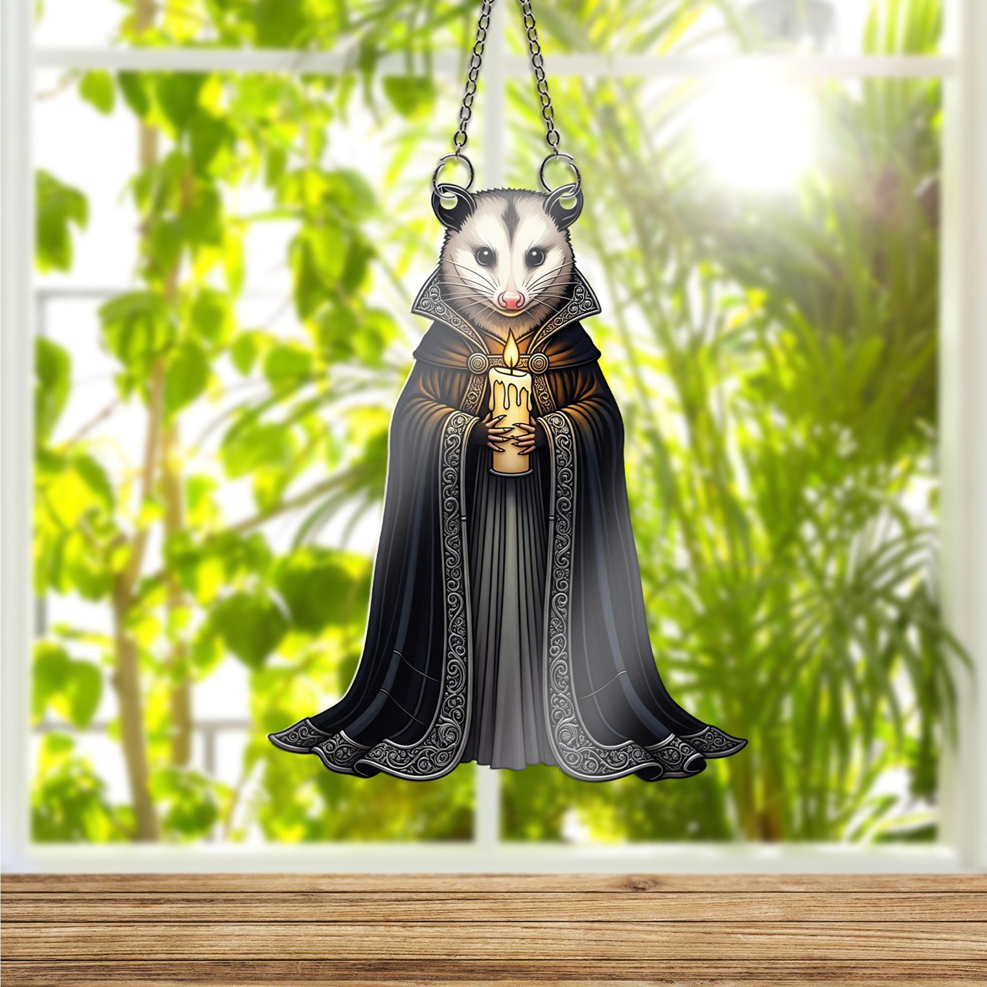 Gothic Possum Suncatcher - Candle Holding Opossum Window Hanging, Dark Academia Rodent Decor, Witchy Cottagecore Animal Gift