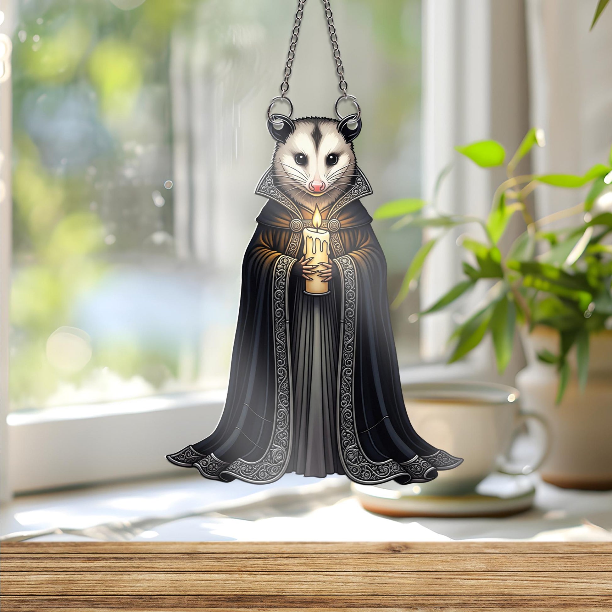Gothic Possum Suncatcher - Candle Holding Opossum Window Hanging, Dark Academia Rodent Decor, Witchy Cottagecore Animal Gift