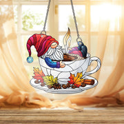 Autumn Gnome Coffee Suncatcher - Cozy Fall Gnome in Teacup Window Hanging, Stained Glass Style Kitchen Decor, Pumpkin Spice Gift