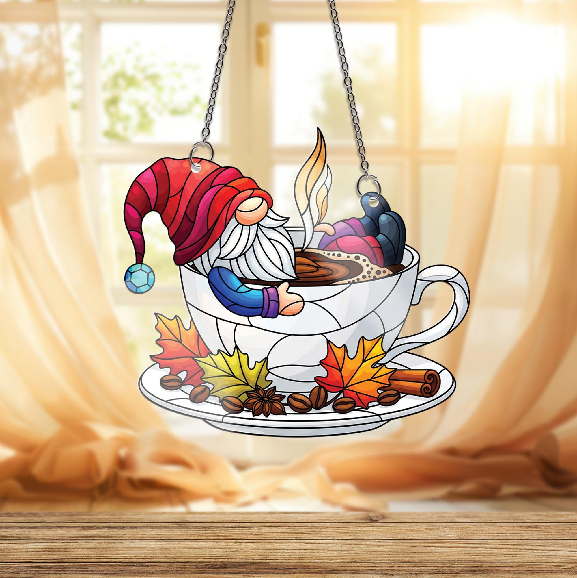 Autumn Gnome Coffee Suncatcher - Cozy Fall Gnome in Teacup Window Hanging, Stained Glass Style Kitchen Decor, Pumpkin Spice Gift