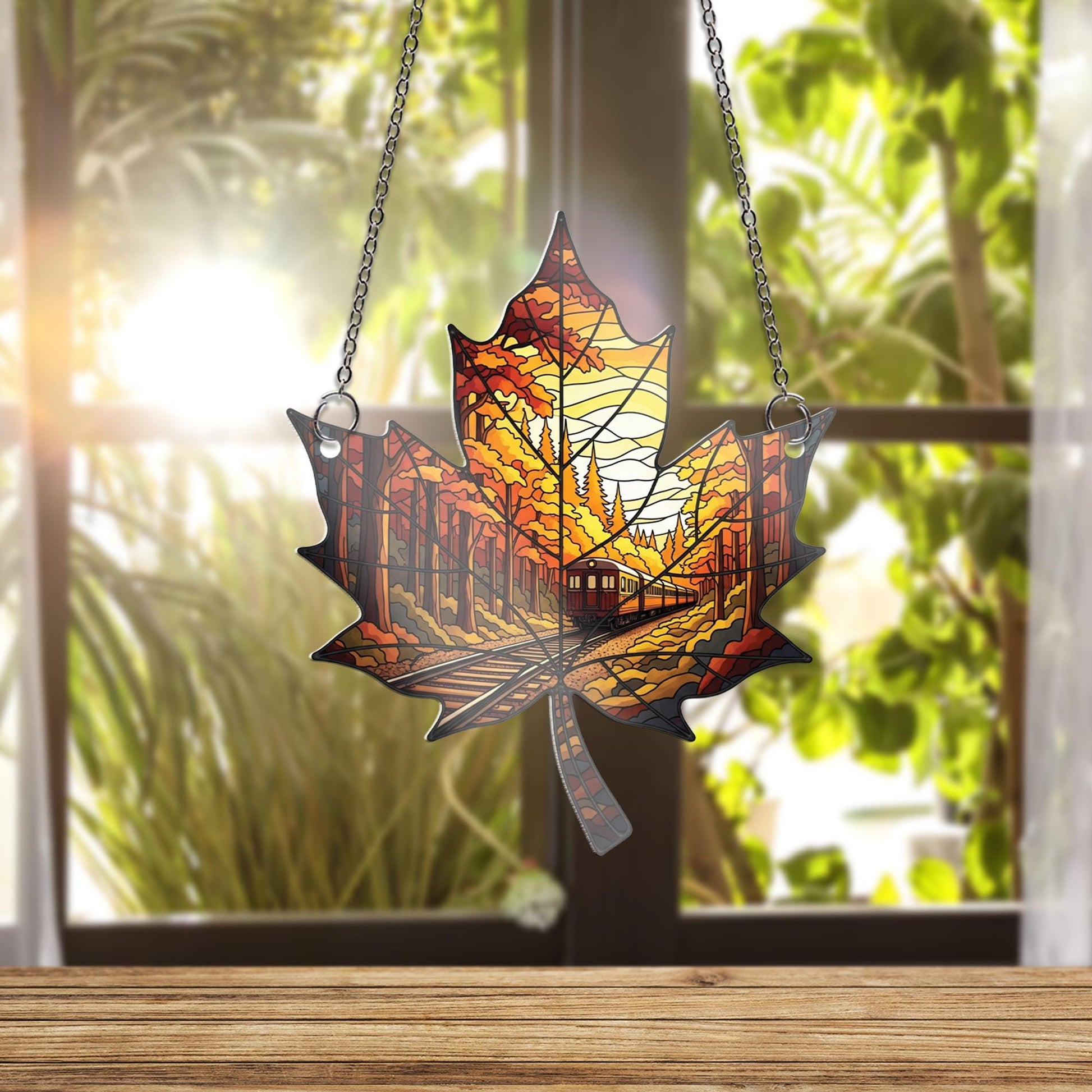 Autumn Train Maple Leaf Suncatcher - Fall Forest Window Hanging Decor, Stained Glass Style Railway Gift for Nature and Travel Lovers