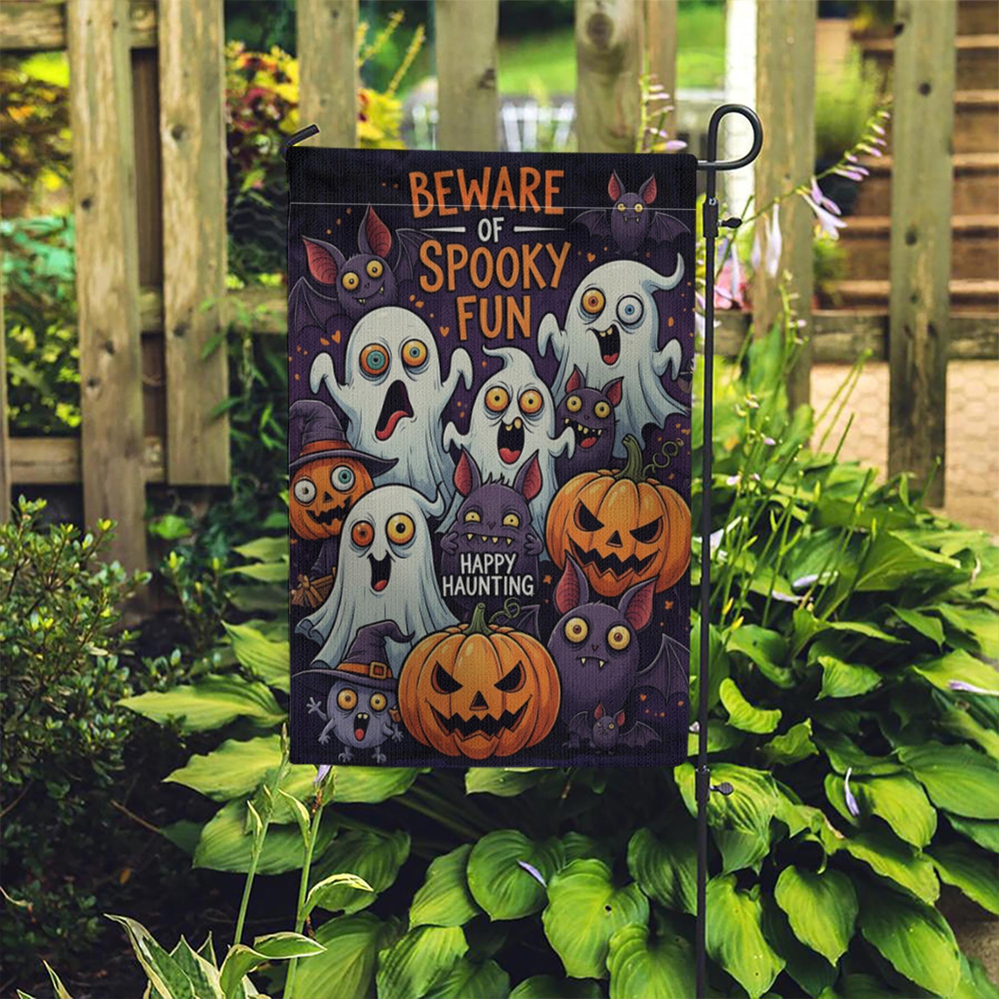 Cute Halloween Garden Flag - Beware of Spooky Fun Ghost and Pumpkin Yard Sign, Happy Haunting Outdoor Decor for Fall or Trick or Treat