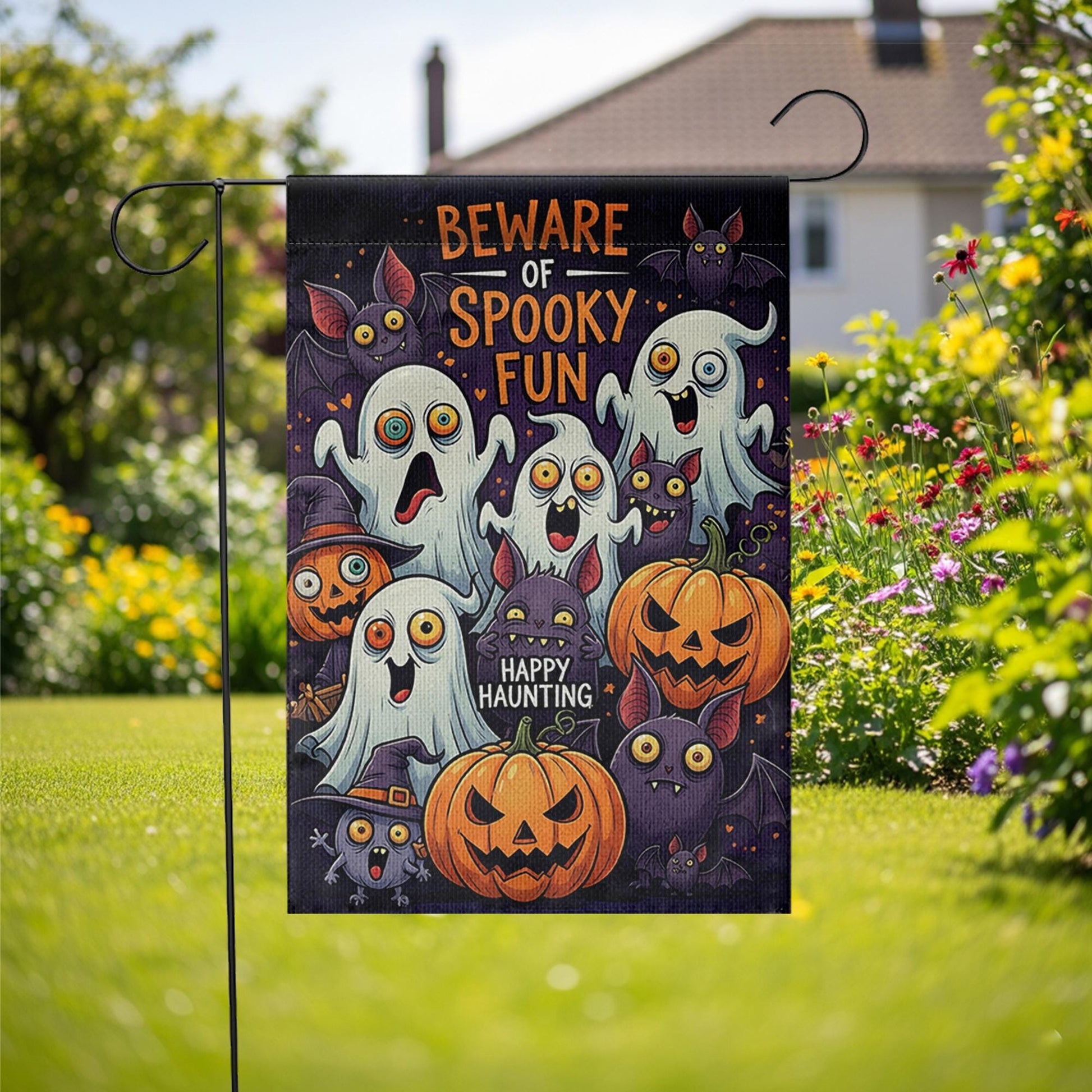 Cute Halloween Garden Flag - Beware of Spooky Fun Ghost and Pumpkin Yard Sign, Happy Haunting Outdoor Decor for Fall or Trick or Treat