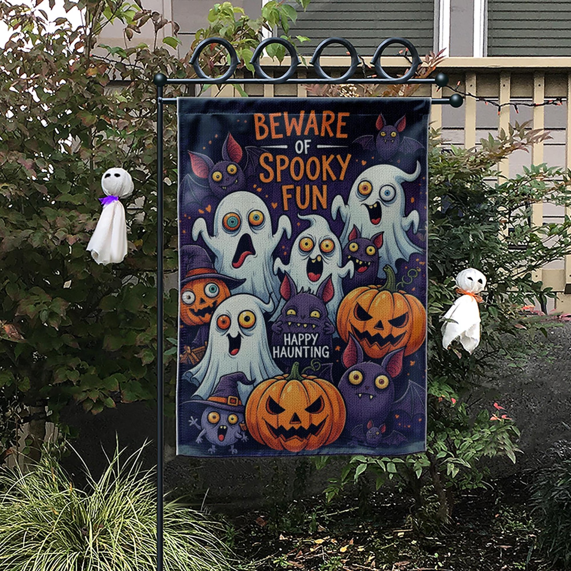 Cute Halloween Garden Flag - Beware of Spooky Fun Ghost and Pumpkin Yard Sign, Happy Haunting Outdoor Decor for Fall or Trick or Treat