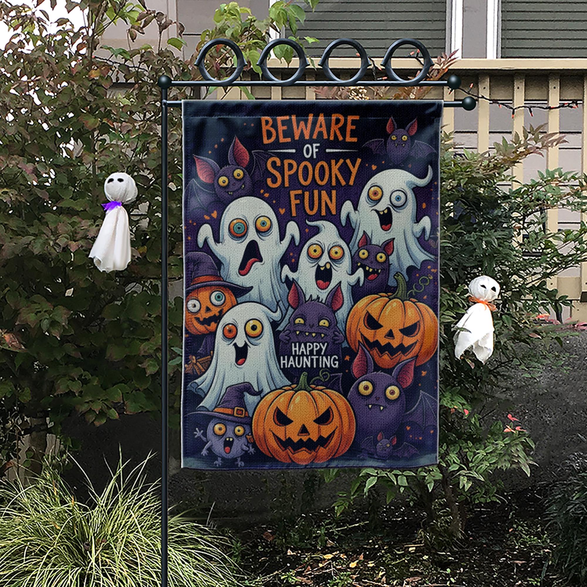 Cute Halloween Garden Flag - Beware of Spooky Fun Ghost and Pumpkin Yard Sign, Happy Haunting Outdoor Decor for Fall or Trick or Treat