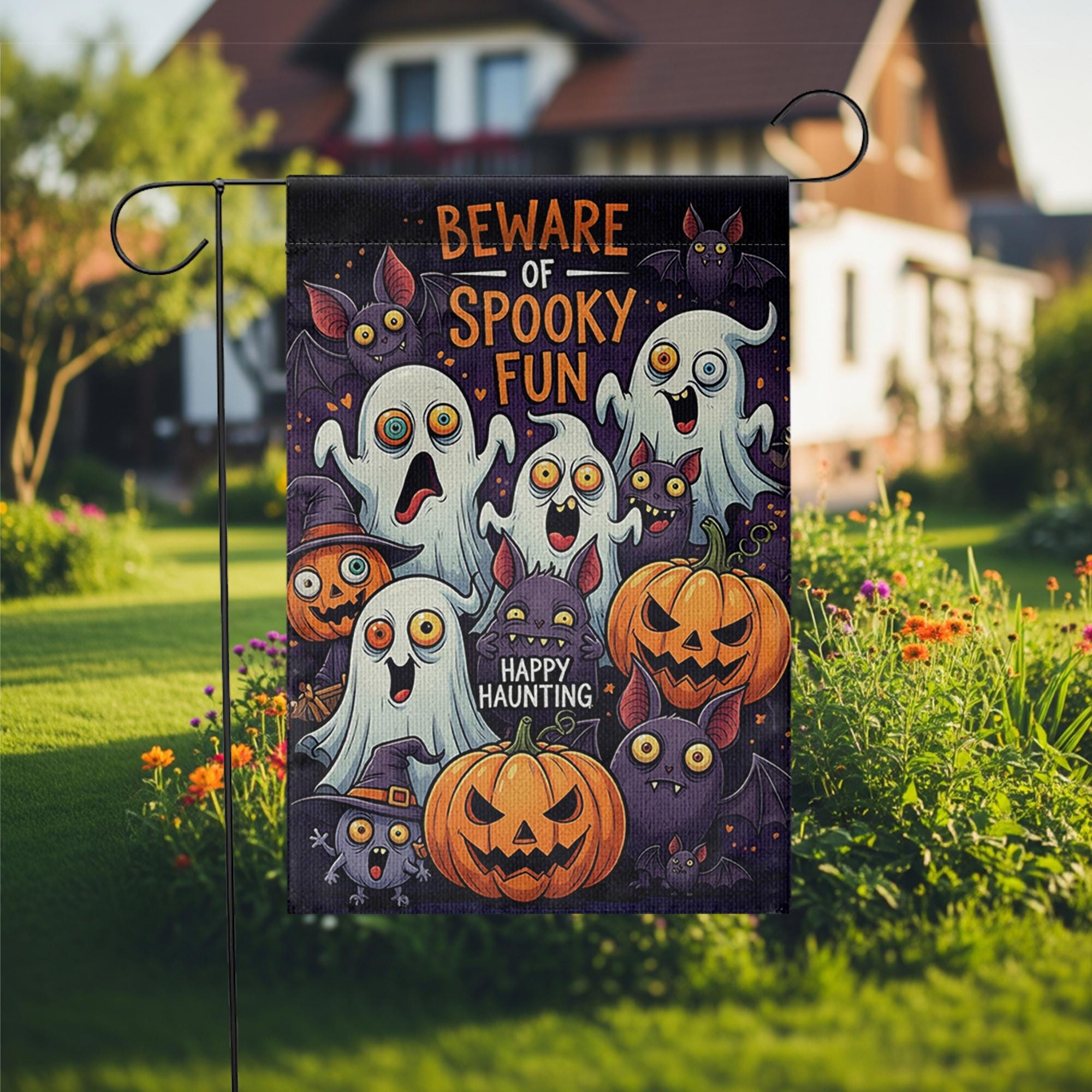 Cute Halloween Garden Flag - Beware of Spooky Fun Ghost and Pumpkin Yard Sign, Happy Haunting Outdoor Decor for Fall or Trick or Treat