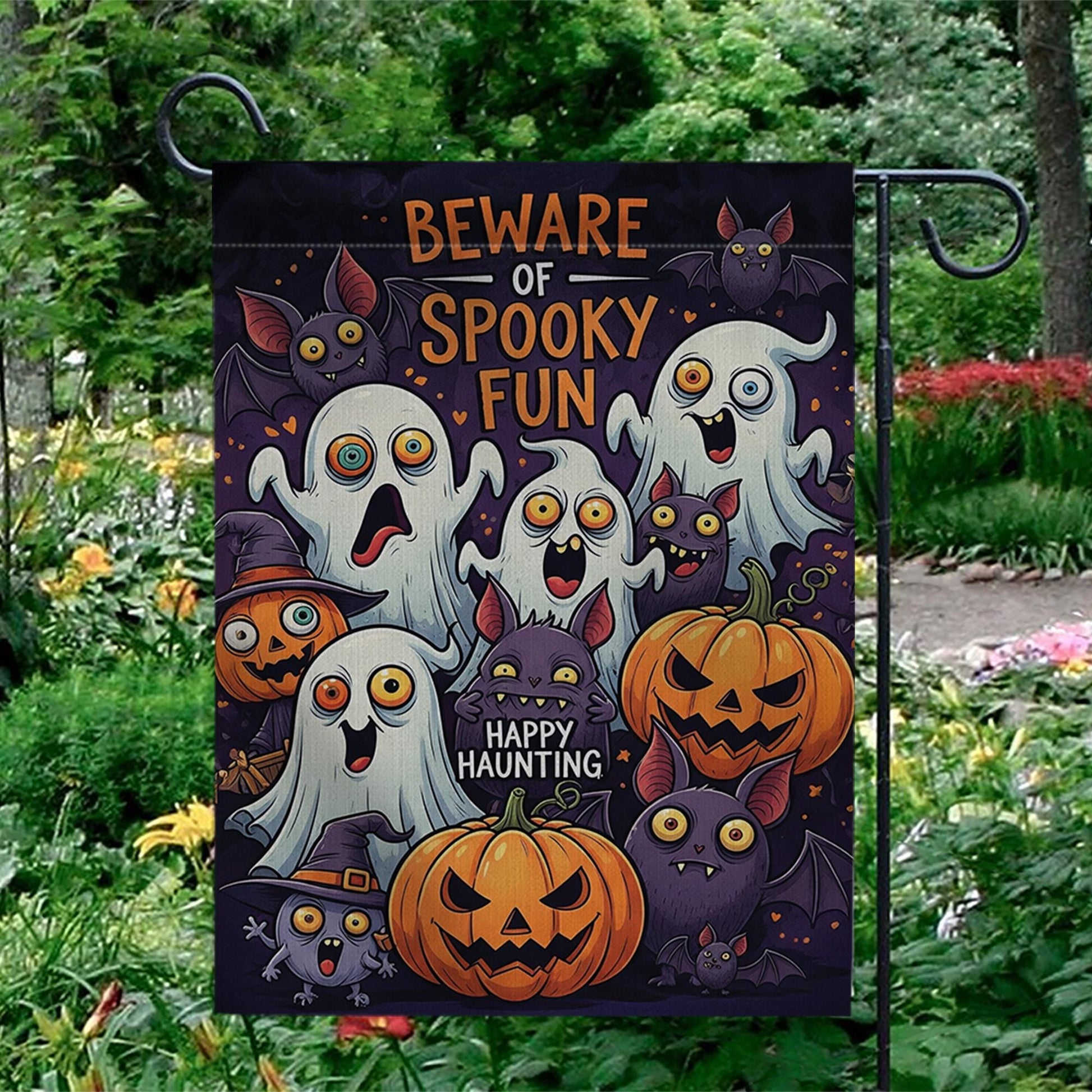 Cute Halloween Garden Flag - Beware of Spooky Fun Ghost and Pumpkin Yard Sign, Happy Haunting Outdoor Decor for Fall or Trick or Treat