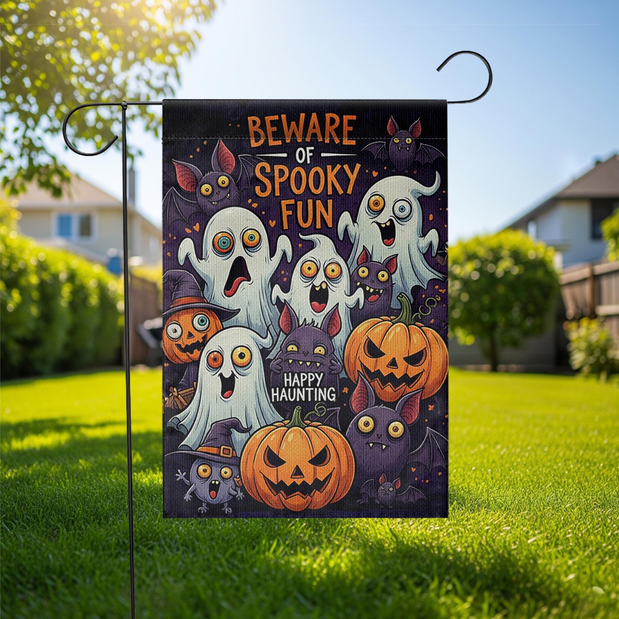 Cute Halloween Garden Flag - Beware of Spooky Fun Ghost and Pumpkin Yard Sign, Happy Haunting Outdoor Decor for Fall or Trick or Treat