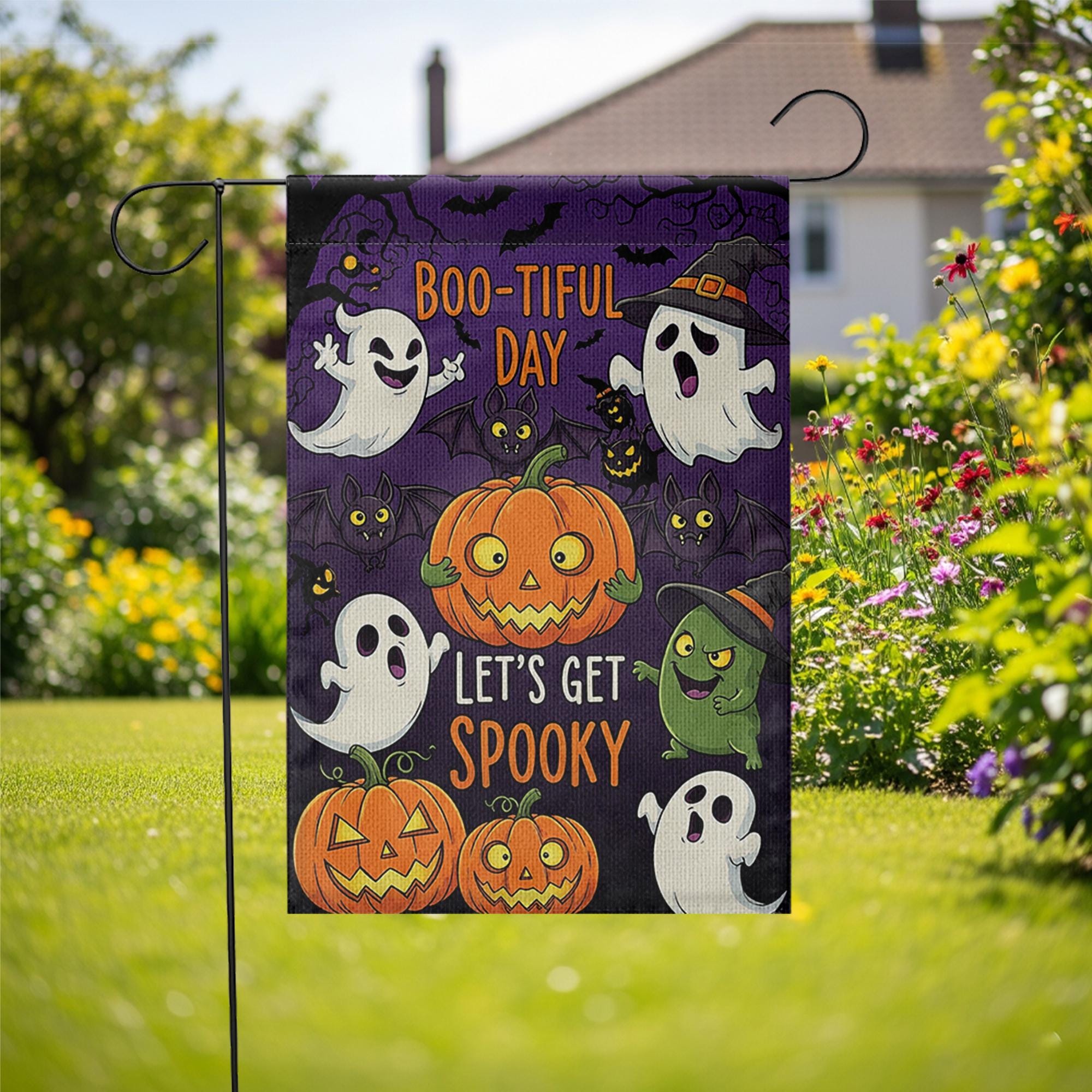 Boo-tiful Halloween Garden Flag - Let's Get Spooky Cute Ghost Pumpkin Yard Sign, Funny Fall Outdoor Decoration for Trick or Treat