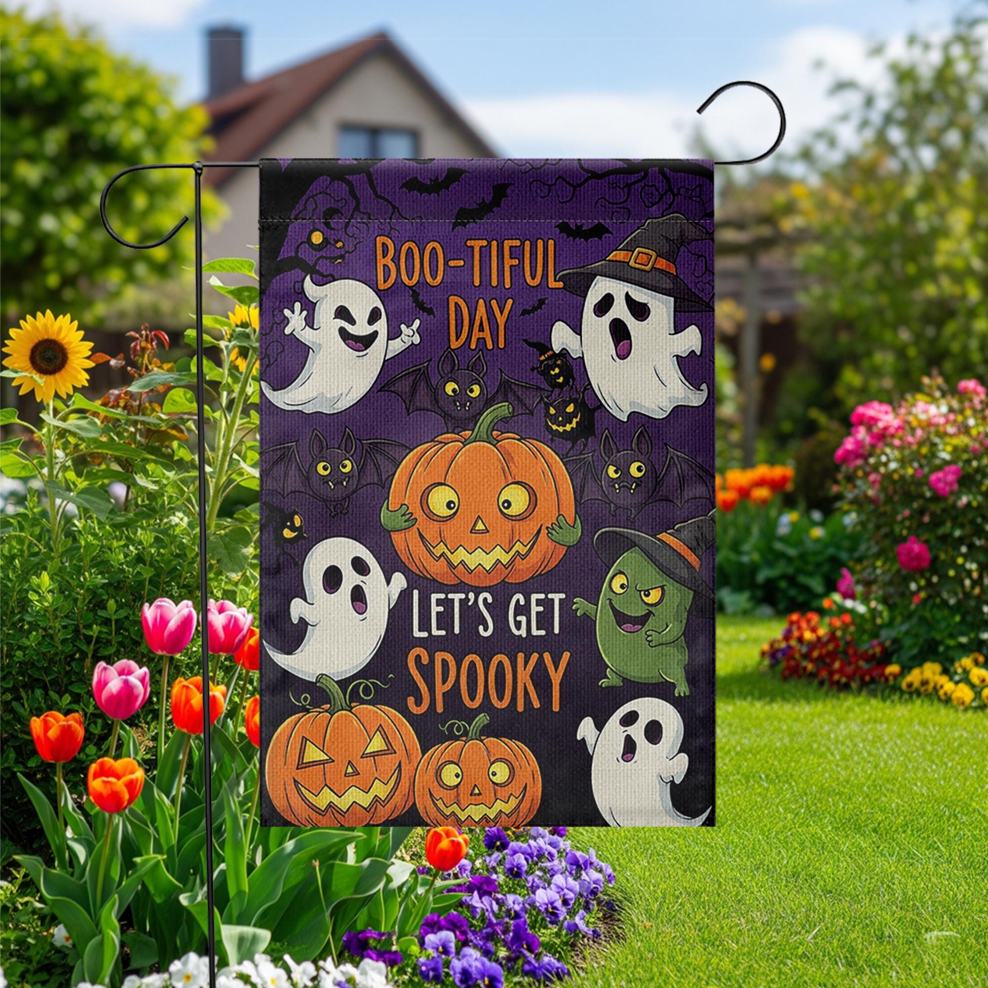 Boo-tiful Halloween Garden Flag - Let's Get Spooky Cute Ghost Pumpkin Yard Sign, Funny Fall Outdoor Decoration for Trick or Treat