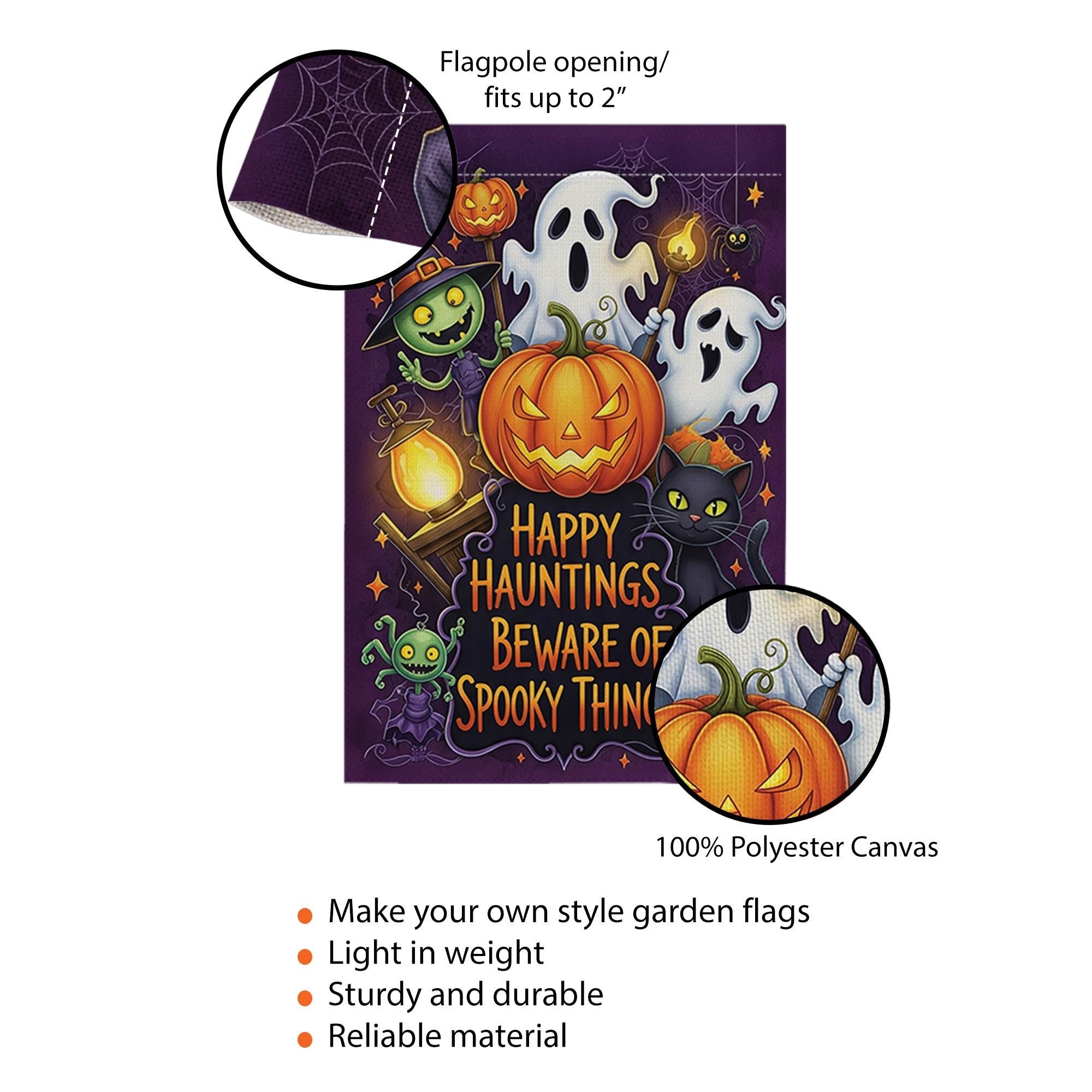 Happy Hauntings Garden Flag - Beware of Spooky Things Halloween Yard Sign, Ghost Cat Pumpkin Outdoor Decor for Trick or Treat Fun