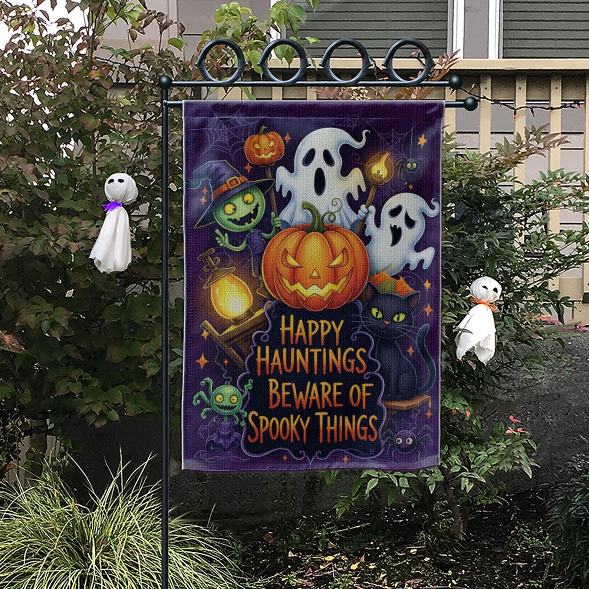 Happy Hauntings Garden Flag - Beware of Spooky Things Halloween Yard Sign, Ghost Cat Pumpkin Outdoor Decor for Trick or Treat Fun