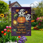 Happy Hauntings Garden Flag - Beware of Spooky Things Halloween Yard Sign, Ghost Cat Pumpkin Outdoor Decor for Trick or Treat Fun