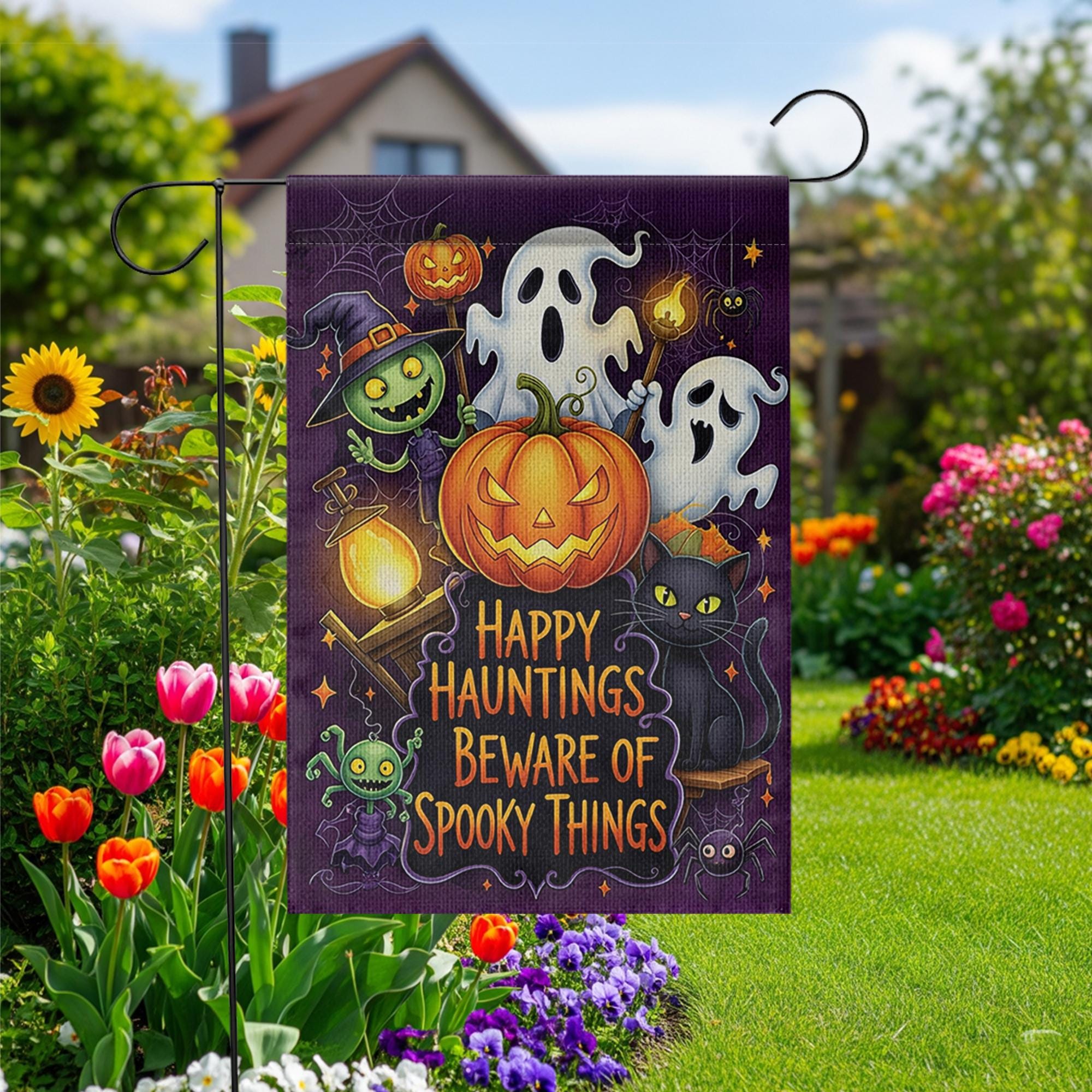 Happy Hauntings Garden Flag - Beware of Spooky Things Halloween Yard Sign, Ghost Cat Pumpkin Outdoor Decor for Trick or Treat Fun