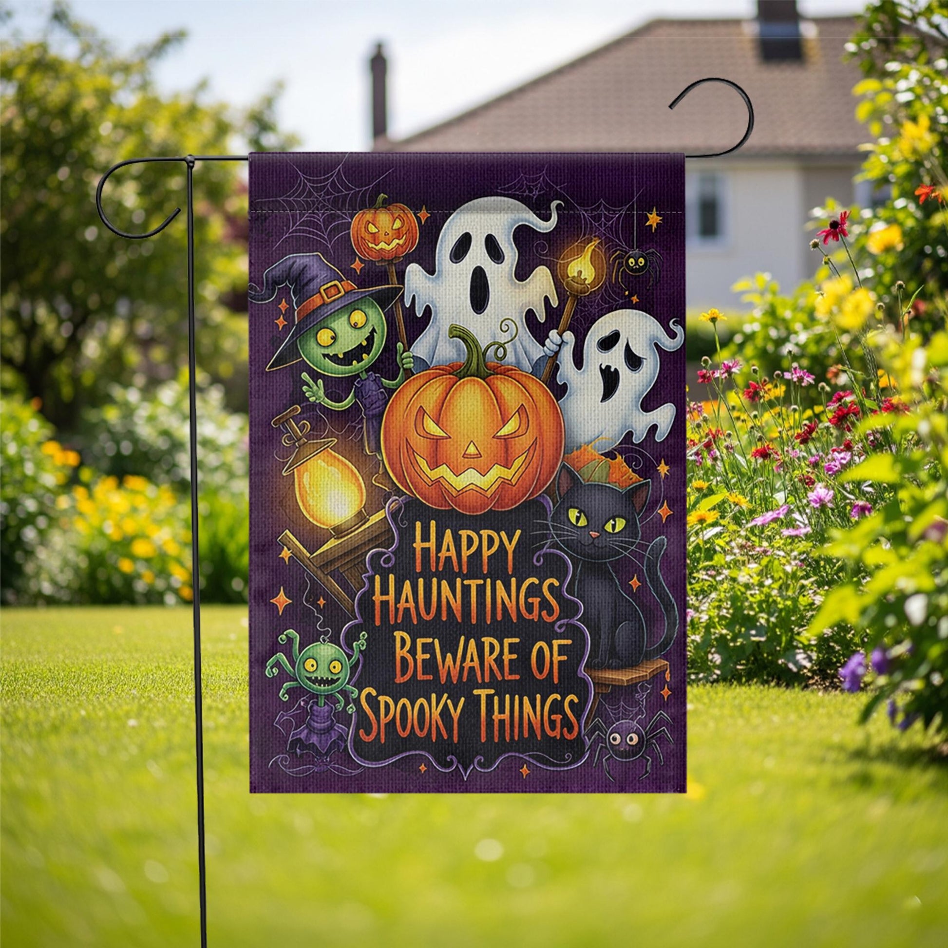 Happy Hauntings Garden Flag - Beware of Spooky Things Halloween Yard Sign, Ghost Cat Pumpkin Outdoor Decor for Trick or Treat Fun