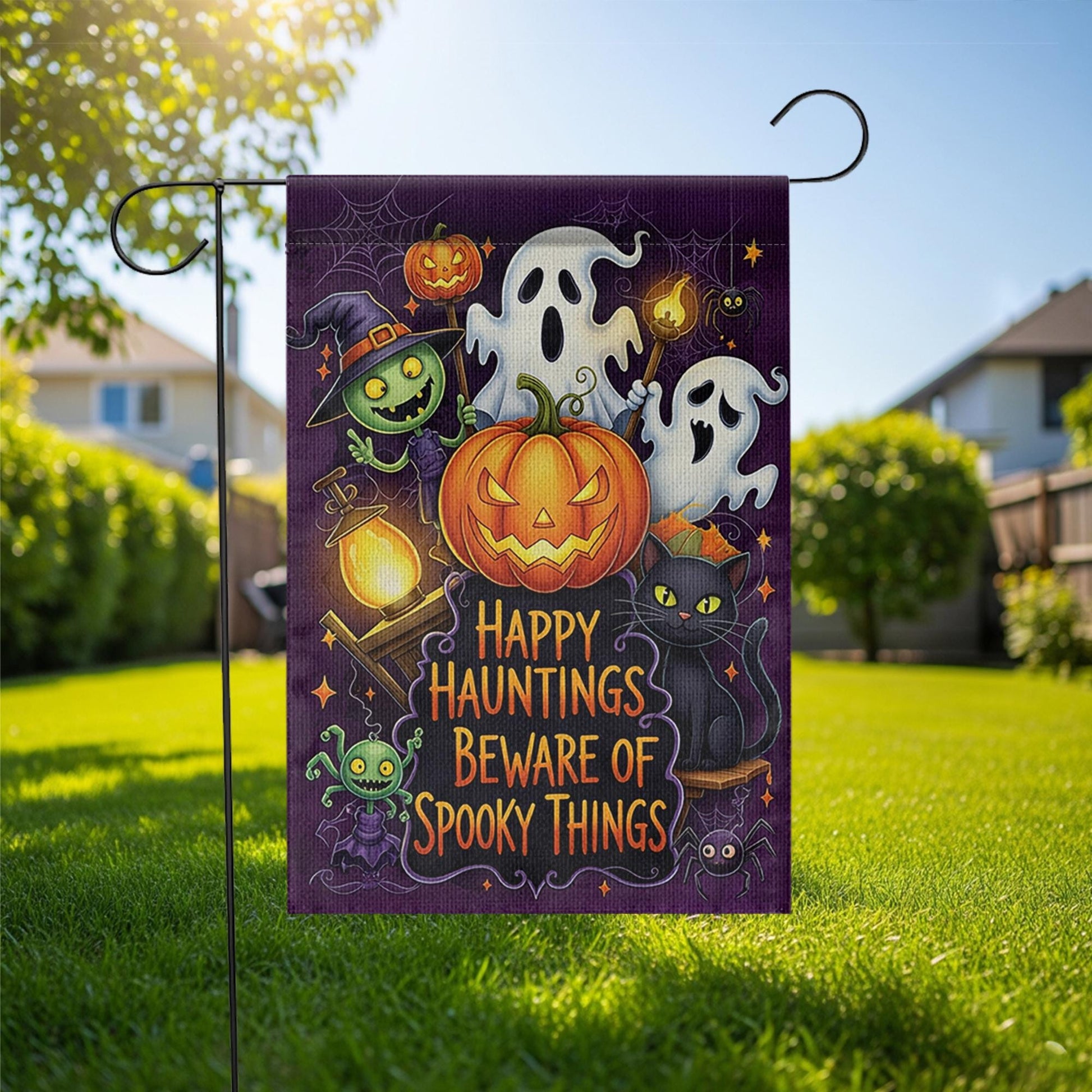 Happy Hauntings Garden Flag - Beware of Spooky Things Halloween Yard Sign, Ghost Cat Pumpkin Outdoor Decor for Trick or Treat Fun