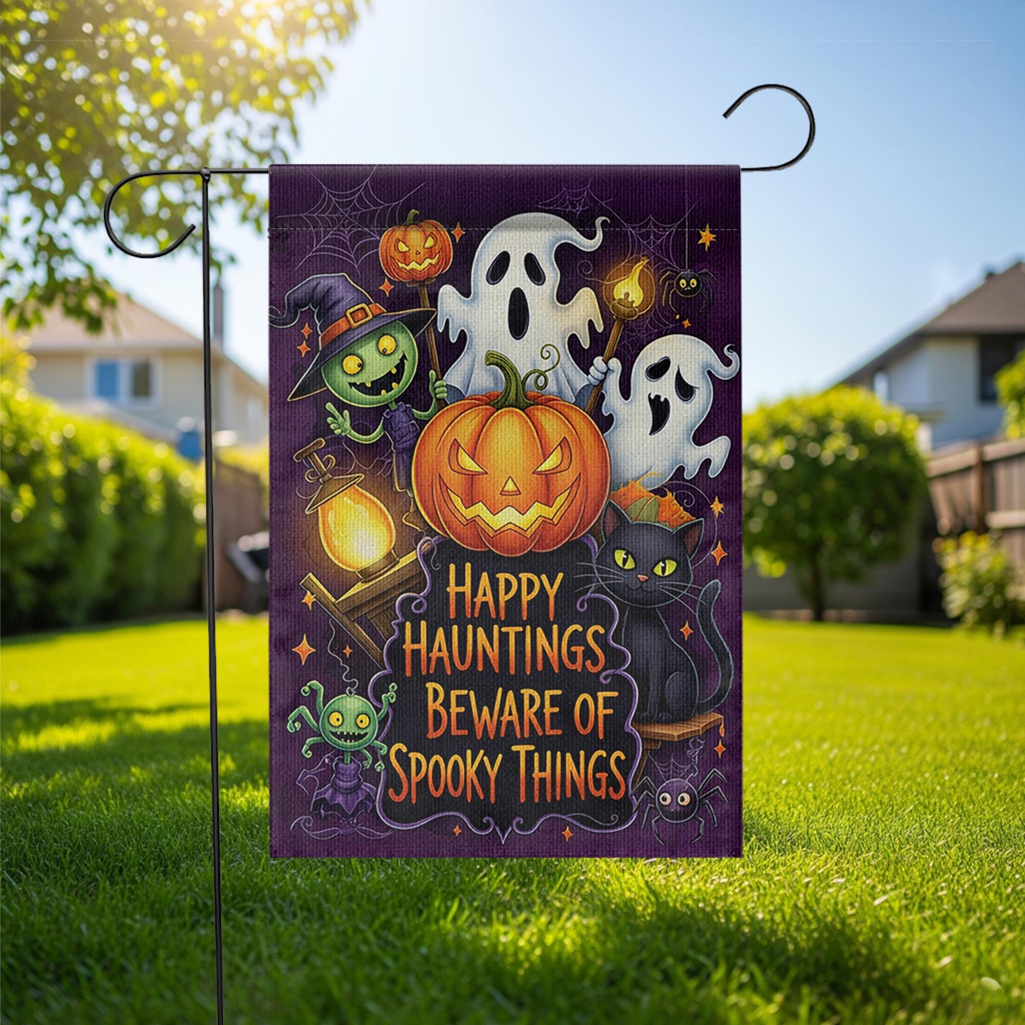 Happy Hauntings Garden Flag - Beware of Spooky Things Halloween Yard Sign, Ghost Cat Pumpkin Outdoor Decor for Trick or Treat Fun