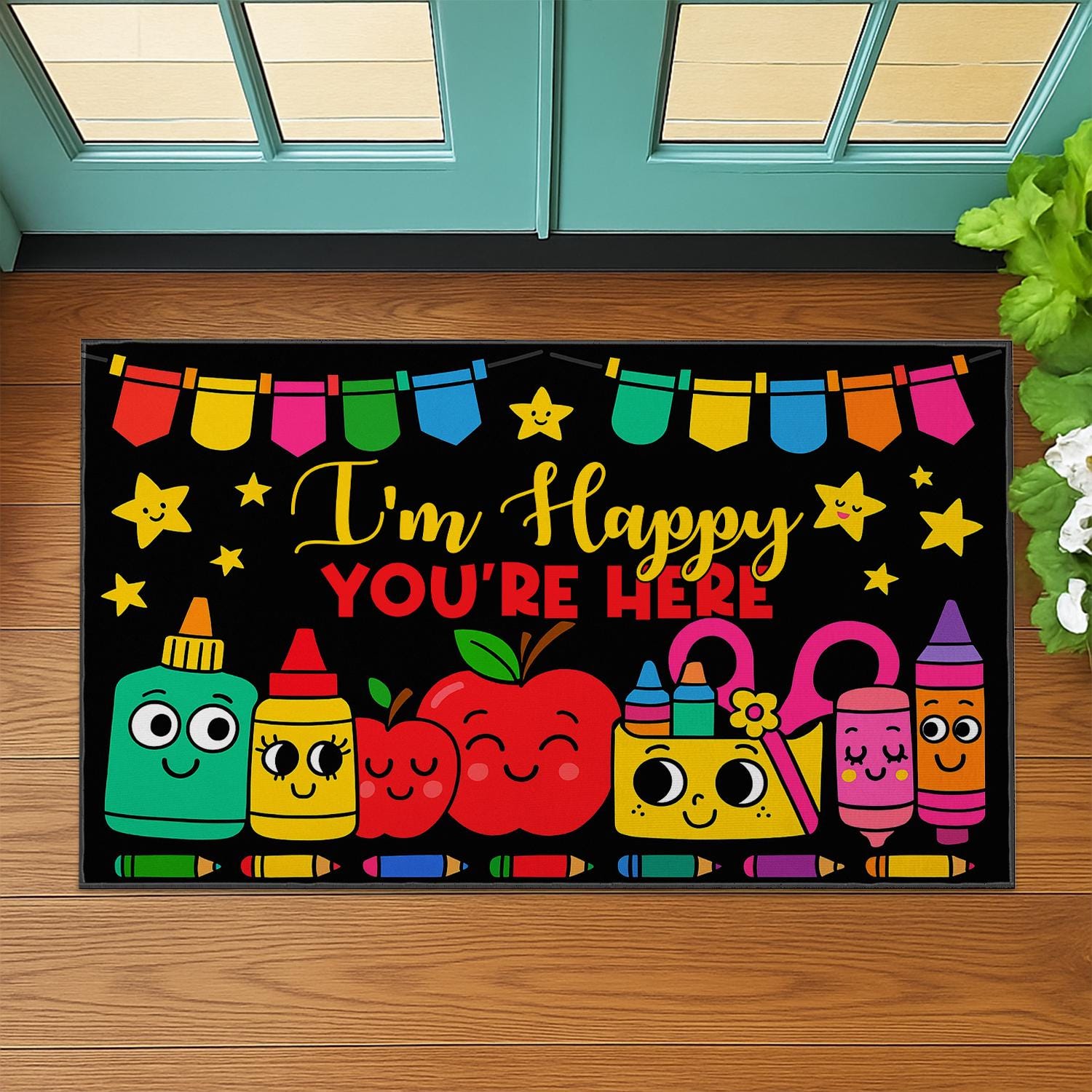 I'm Happy You're Here Classroom Rug – Cute Welcome Mat for Teachers, Back to School Decor, Colorful Door Mat for Teachers, Educators, Staffs