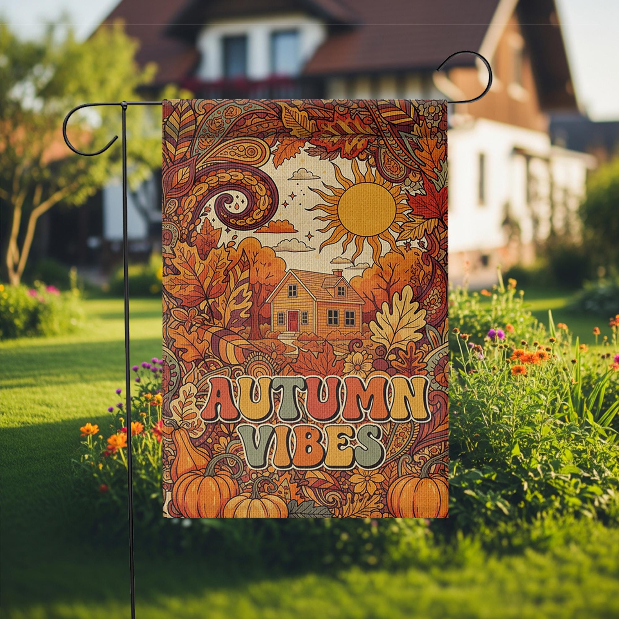 Retro Autumn Vibes Garden Flag - Fall Harvest Yard Sign with Sun, Leaves, and Pumpkins, Vintage Outdoor Decor for Cozy Seasonal Charm