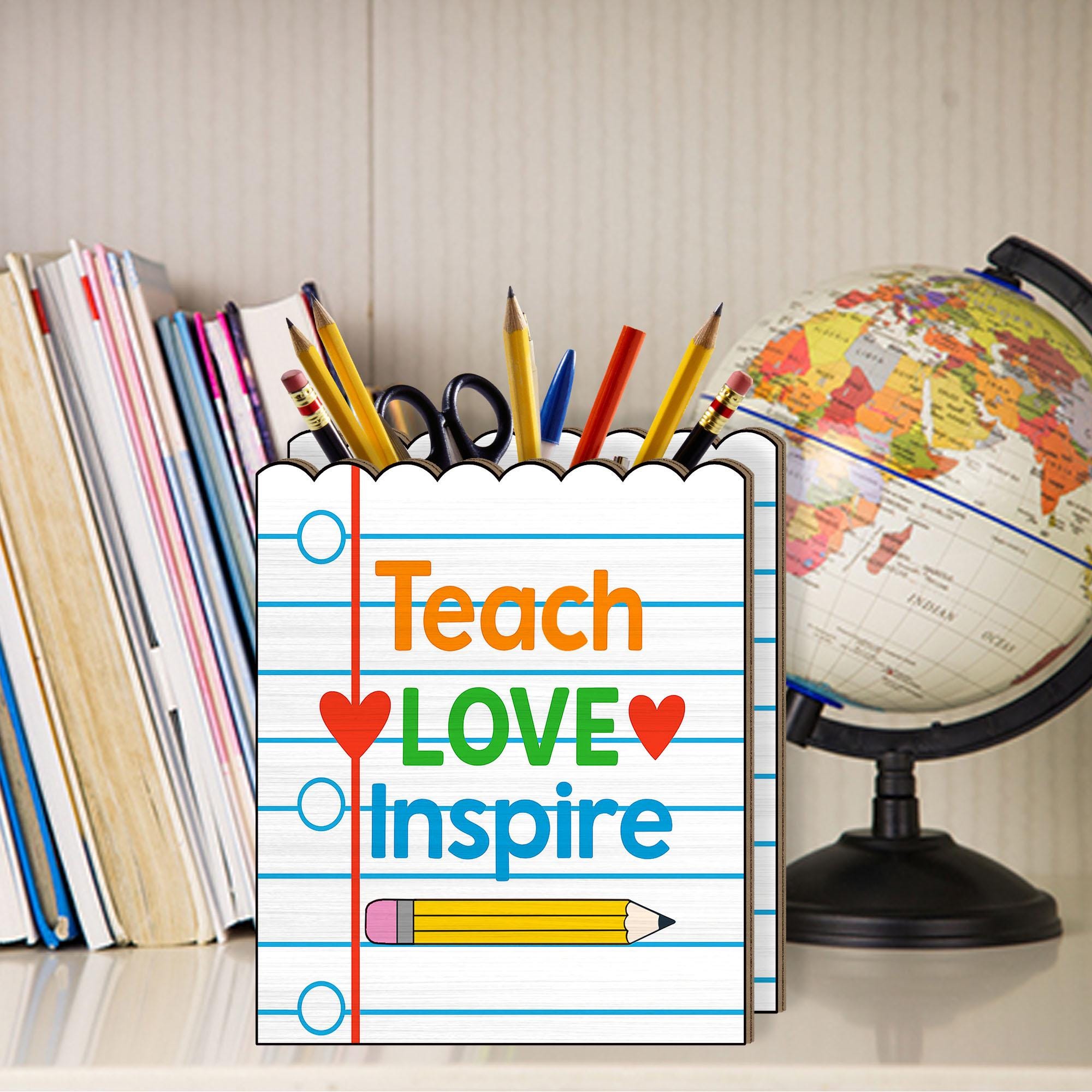 Teach Love Inspire Teacher Pen Holder, Classroom Desk Organizer, Back to School Gift for Educators, Pencil Cup for Teachers