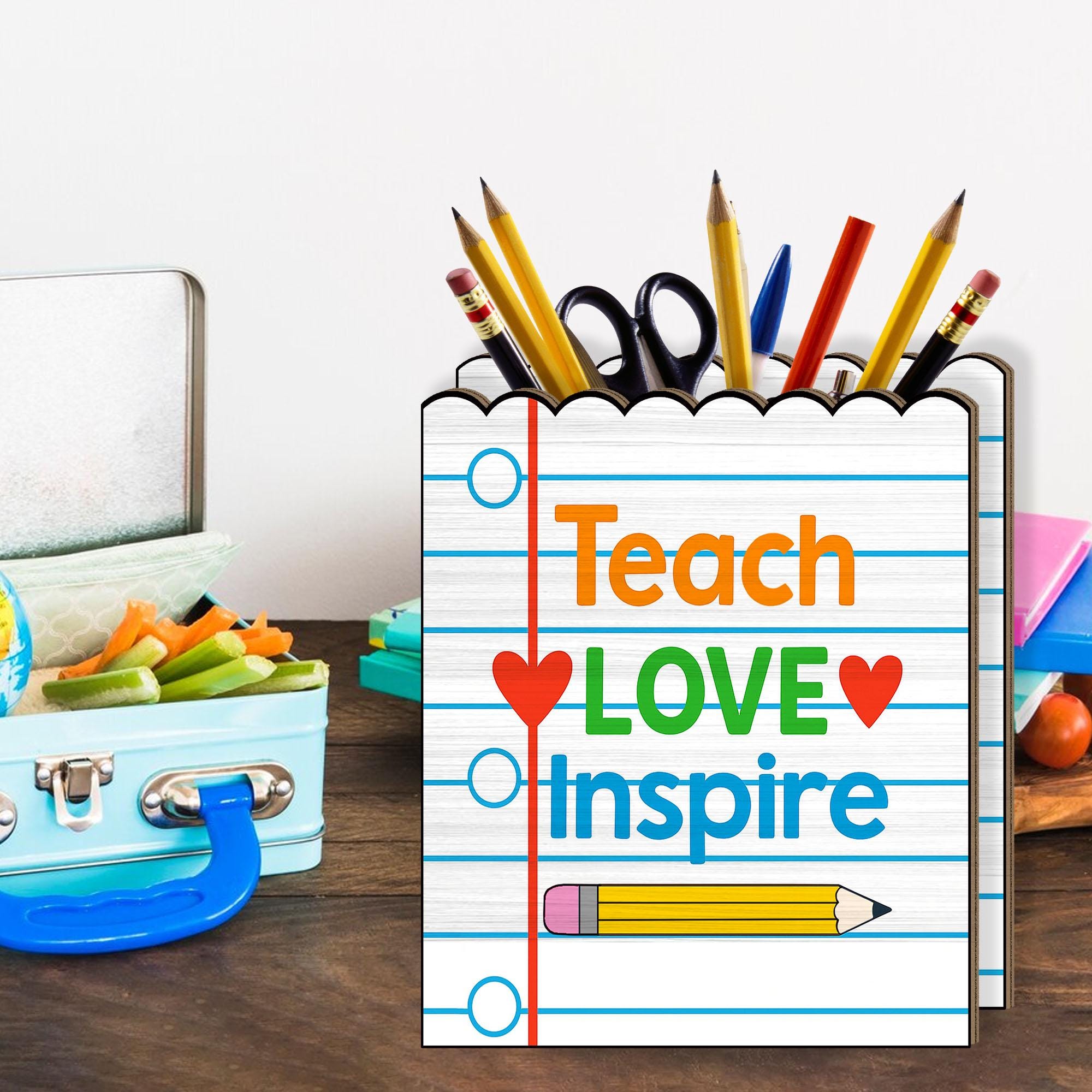 Teach Love Inspire Teacher Pen Holder, Classroom Desk Organizer, Back to School Gift for Educators, Pencil Cup for Teachers
