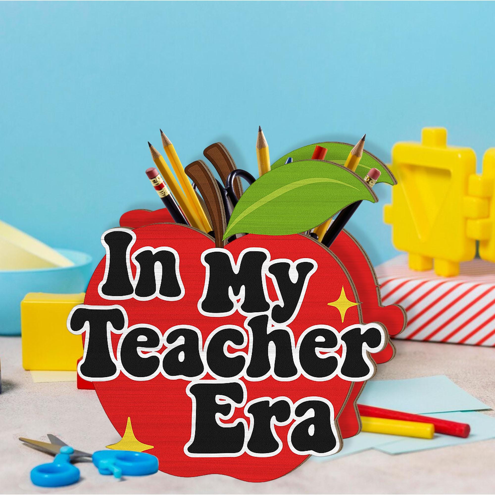 In My Teacher Era Pen Holder, Apple Shaped Desk Organizer, Back to School Teacher Gift, Cute Classroom Pencil Cup for Educators