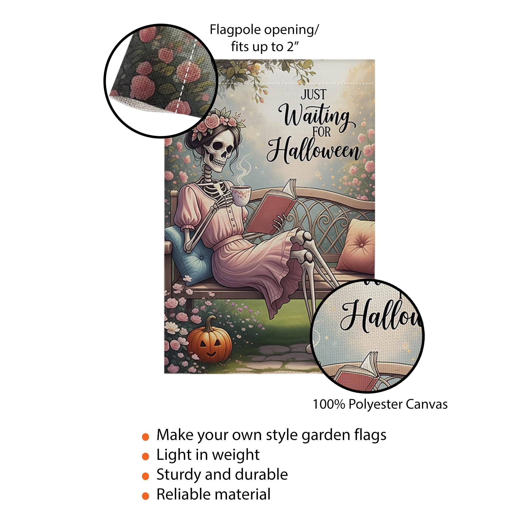 Just Waiting for Halloween Garden Flag - Funny Skeleton Reading Yard Decor, Cozy Gothic Fall Outdoor Sign for Spooky Season Lovers
