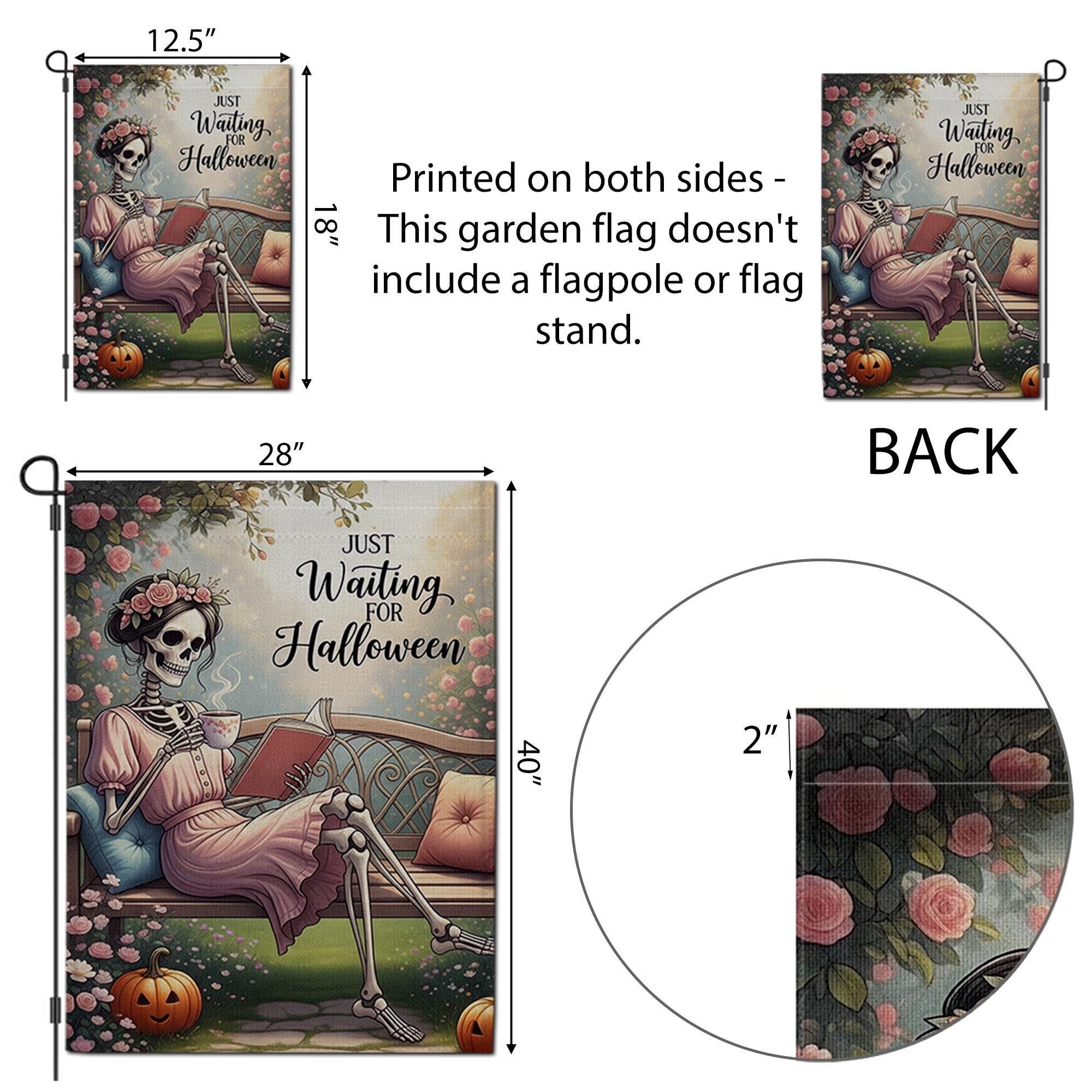 Just Waiting for Halloween Garden Flag - Funny Skeleton Reading Yard Decor, Cozy Gothic Fall Outdoor Sign for Spooky Season Lovers