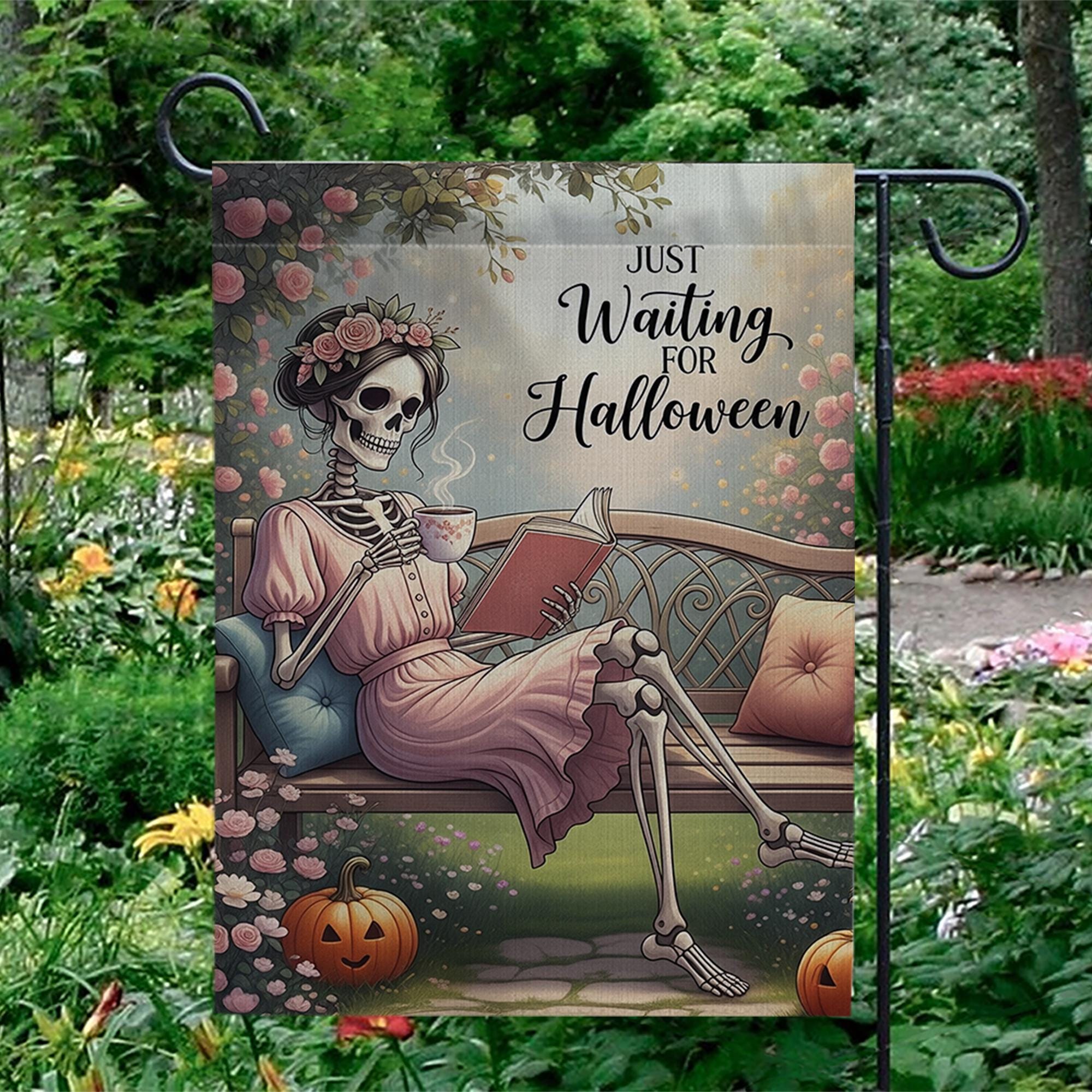Just Waiting for Halloween Garden Flag - Funny Skeleton Reading Yard Decor, Cozy Gothic Fall Outdoor Sign for Spooky Season Lovers