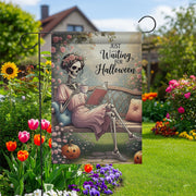 Just Waiting for Halloween Garden Flag - Funny Skeleton Reading Yard Decor, Cozy Gothic Fall Outdoor Sign for Spooky Season Lovers