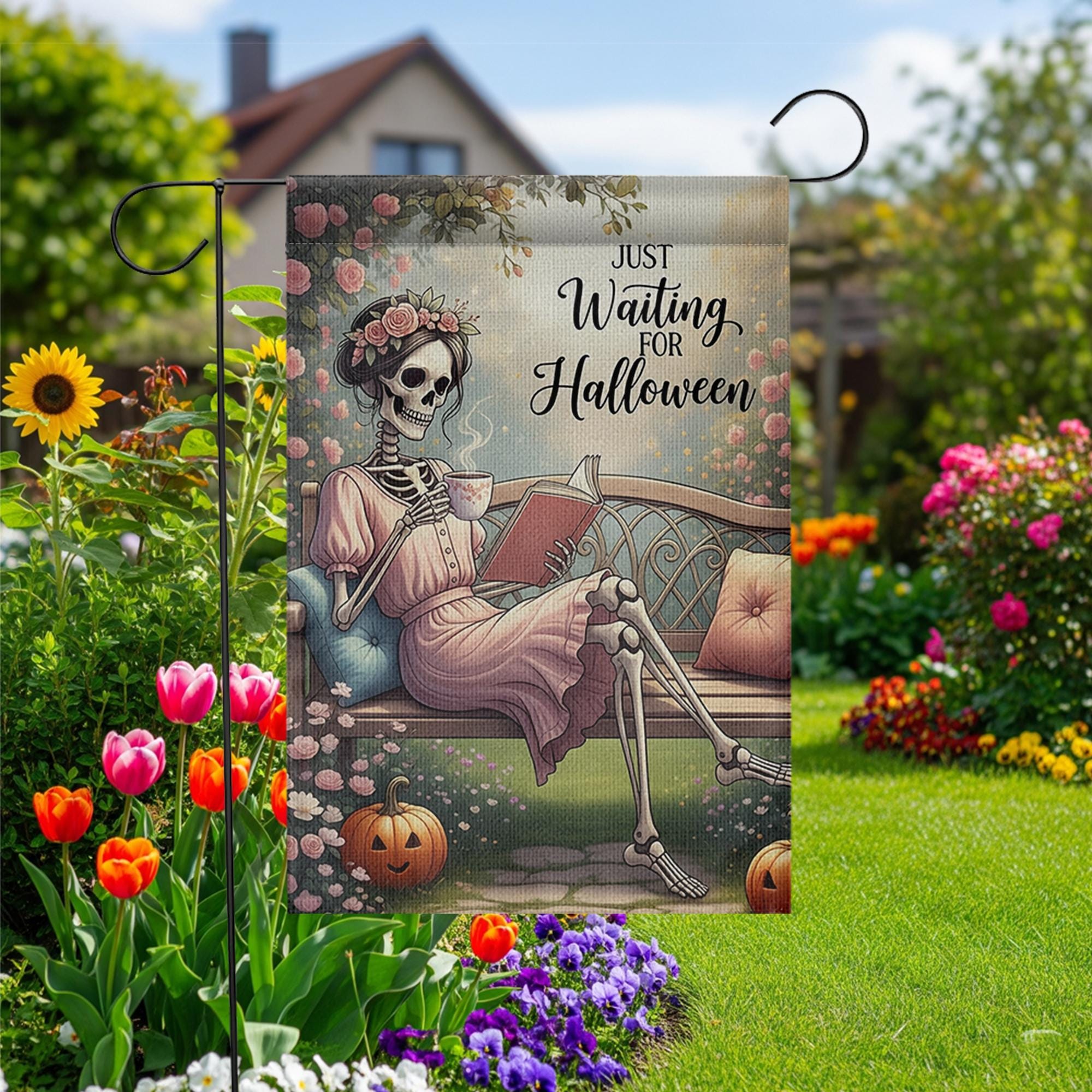 Just Waiting for Halloween Garden Flag - Funny Skeleton Reading Yard Decor, Cozy Gothic Fall Outdoor Sign for Spooky Season Lovers