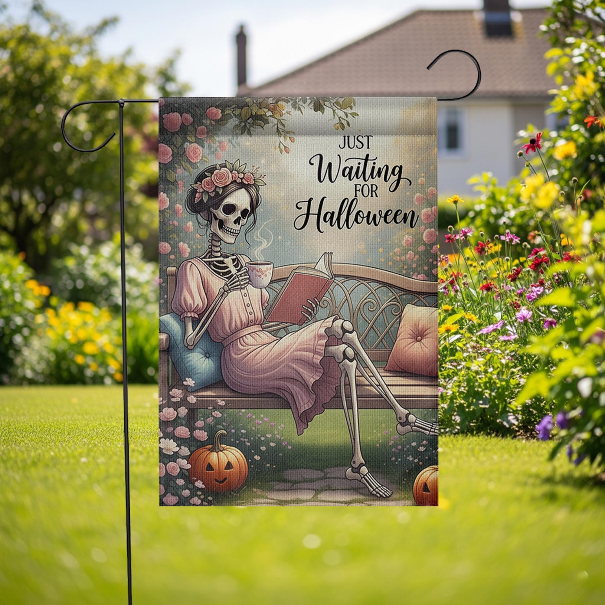 Just Waiting for Halloween Garden Flag - Funny Skeleton Reading Yard Decor, Cozy Gothic Fall Outdoor Sign for Spooky Season Lovers