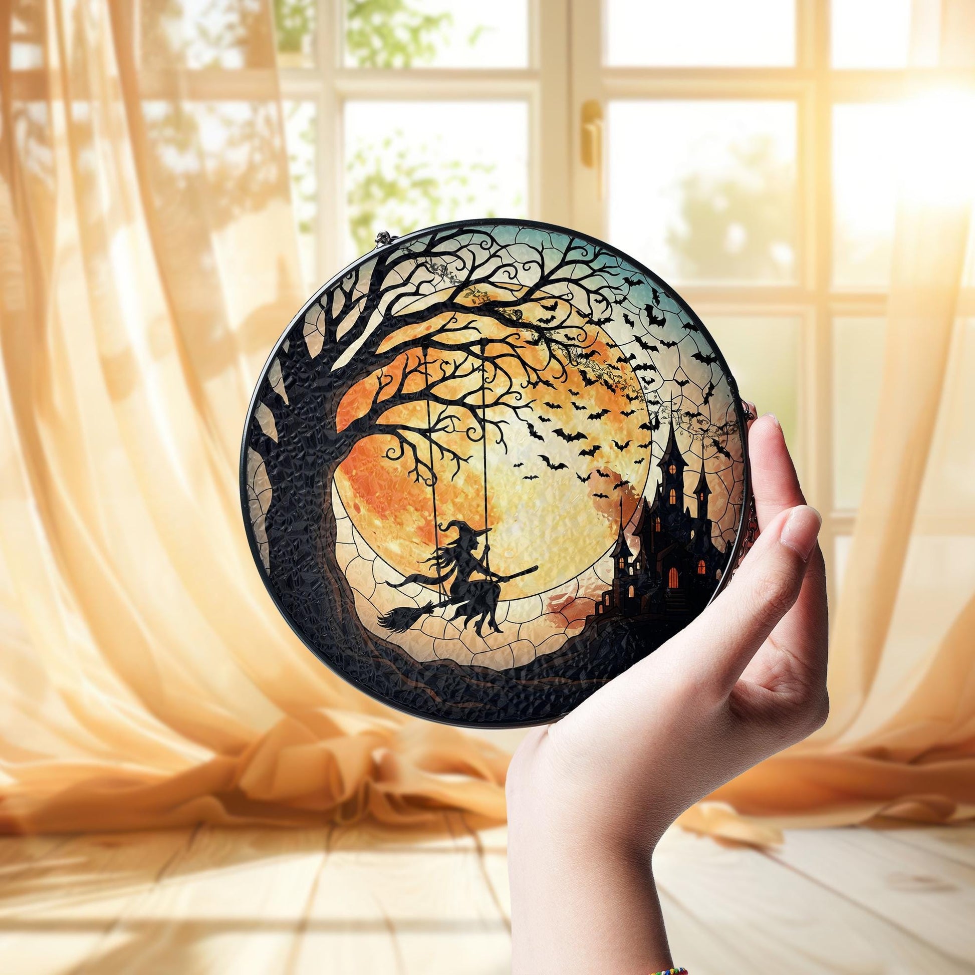Halloween Witch Suncatcher, Stained Glass Witch on Broom, Spooky Moon Decor, Gothic Window Hanging, Haunted Castle Art