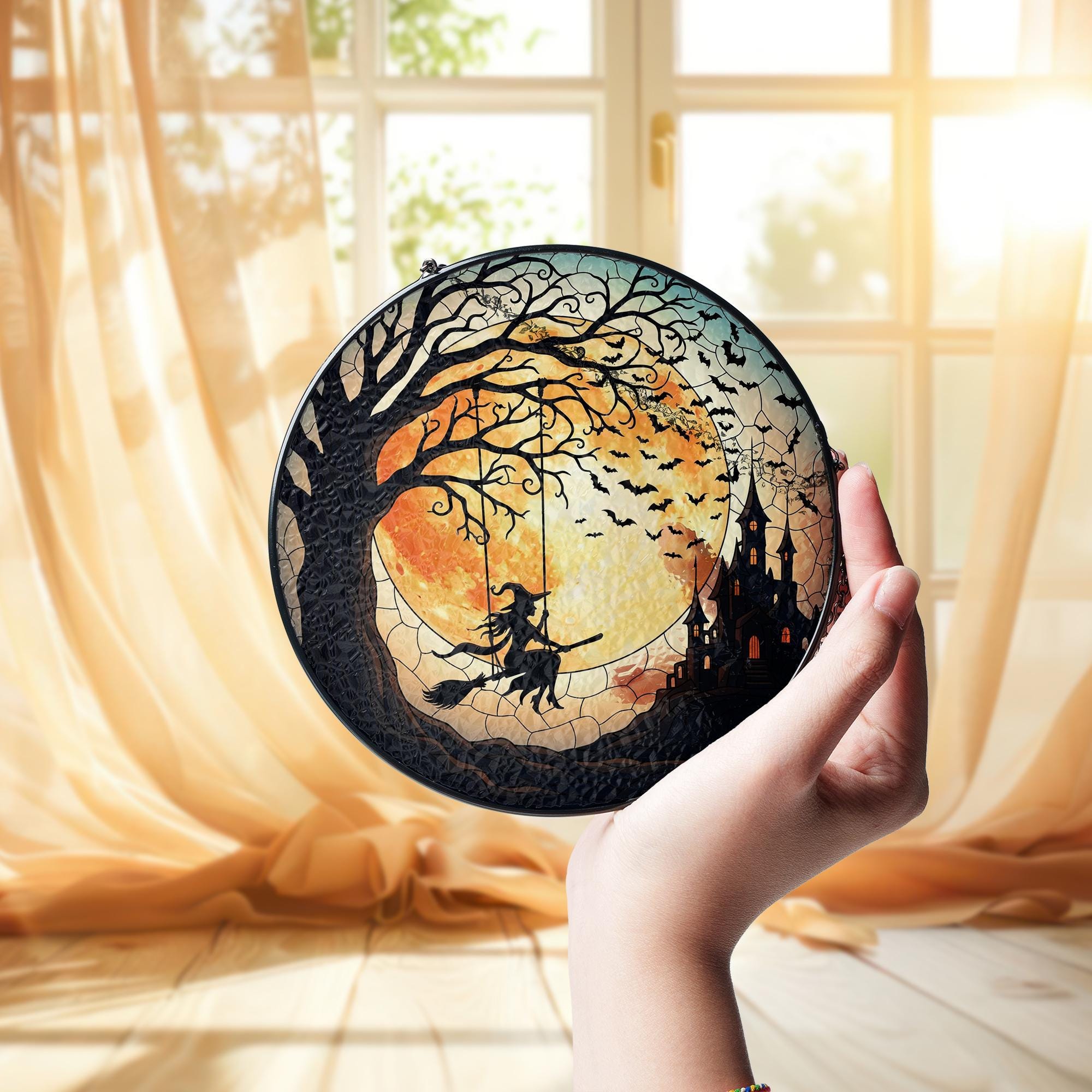 Halloween Witch Suncatcher, Stained Glass Witch on Broom, Spooky Moon Decor, Gothic Window Hanging, Haunted Castle Art