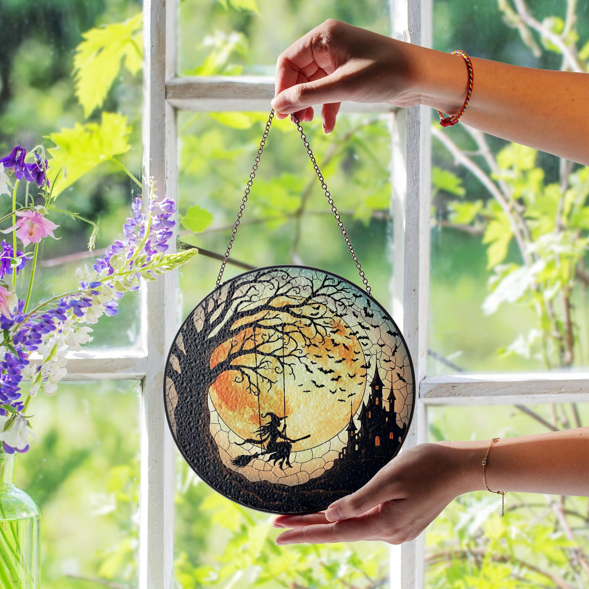 Halloween Witch Suncatcher, Stained Glass Witch on Broom, Spooky Moon Decor, Gothic Window Hanging, Haunted Castle Art