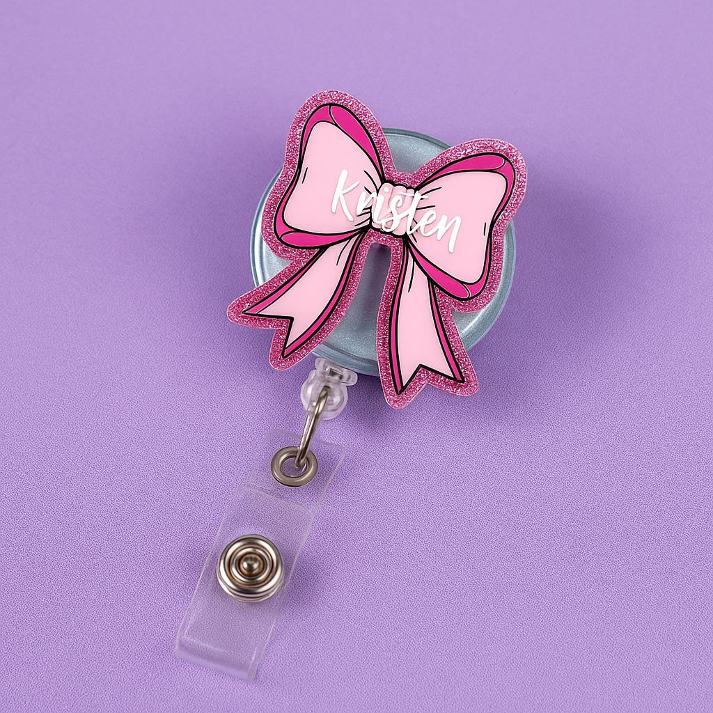 Personalized Teacher Badge Reel, Pink Bow Name Tag Holder, Glitter ID Clip for Nurses and Educators, Cute Custom Work Accessory