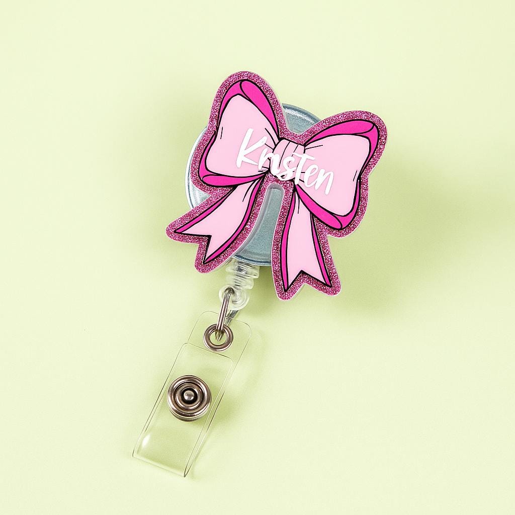 Personalized Teacher Badge Reel, Pink Bow Name Tag Holder, Glitter ID Clip for Nurses and Educators, Cute Custom Work Accessory