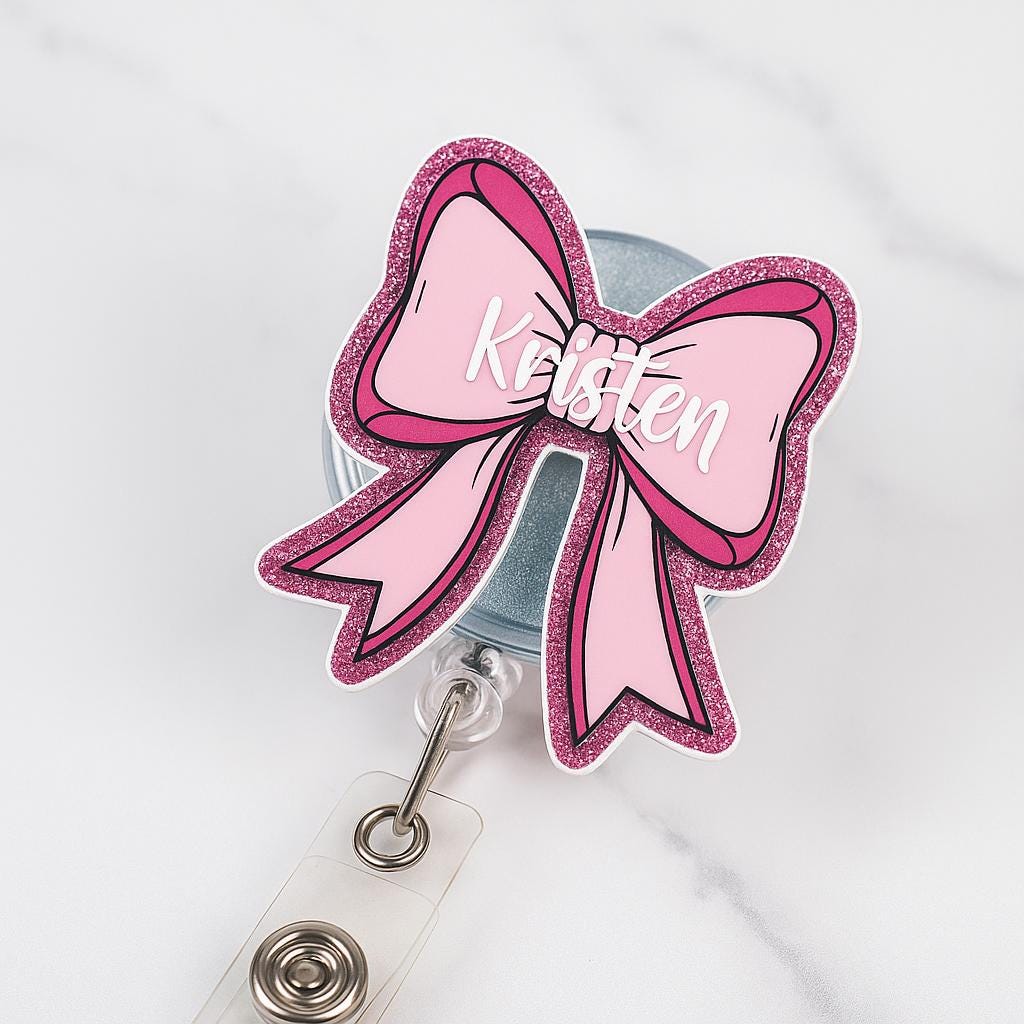 Personalized Teacher Badge Reel, Pink Bow Name Tag Holder, Glitter ID Clip for Nurses and Educators, Cute Custom Work Accessory