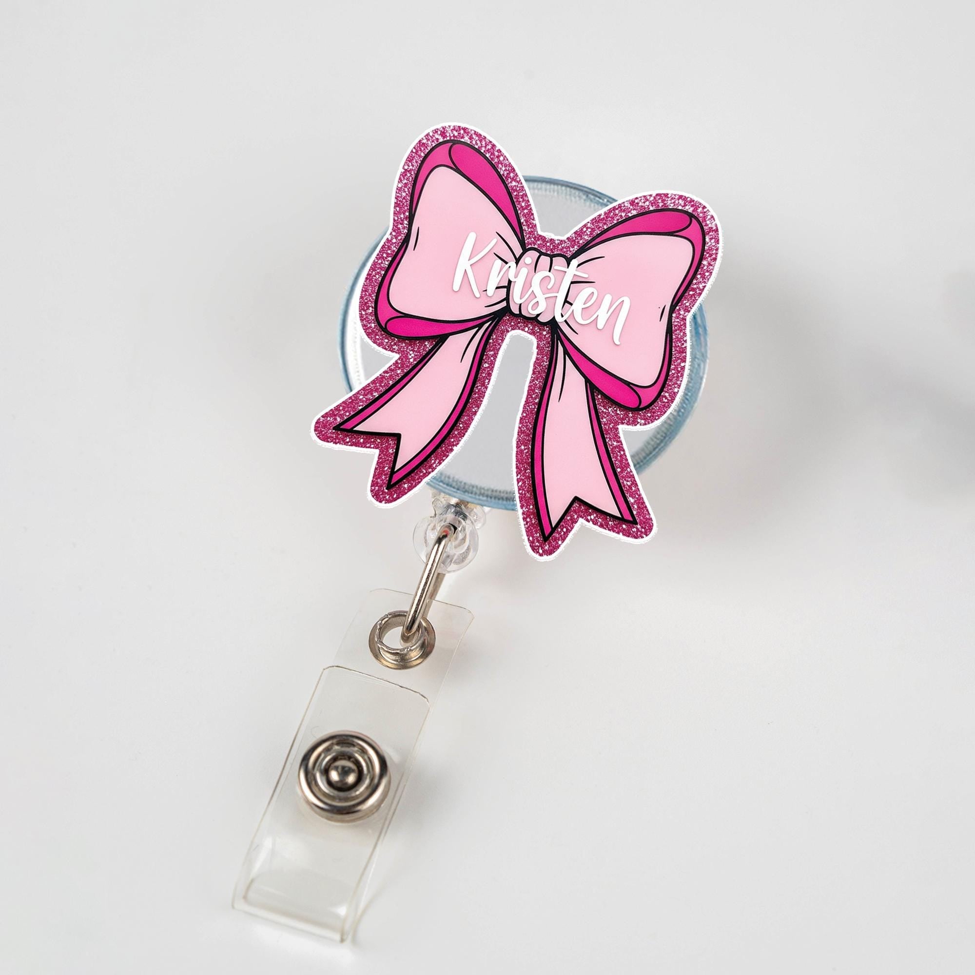 Personalized Teacher Badge Reel, Pink Bow Name Tag Holder, Glitter ID Clip for Nurses and Educators, Cute Custom Work Accessory