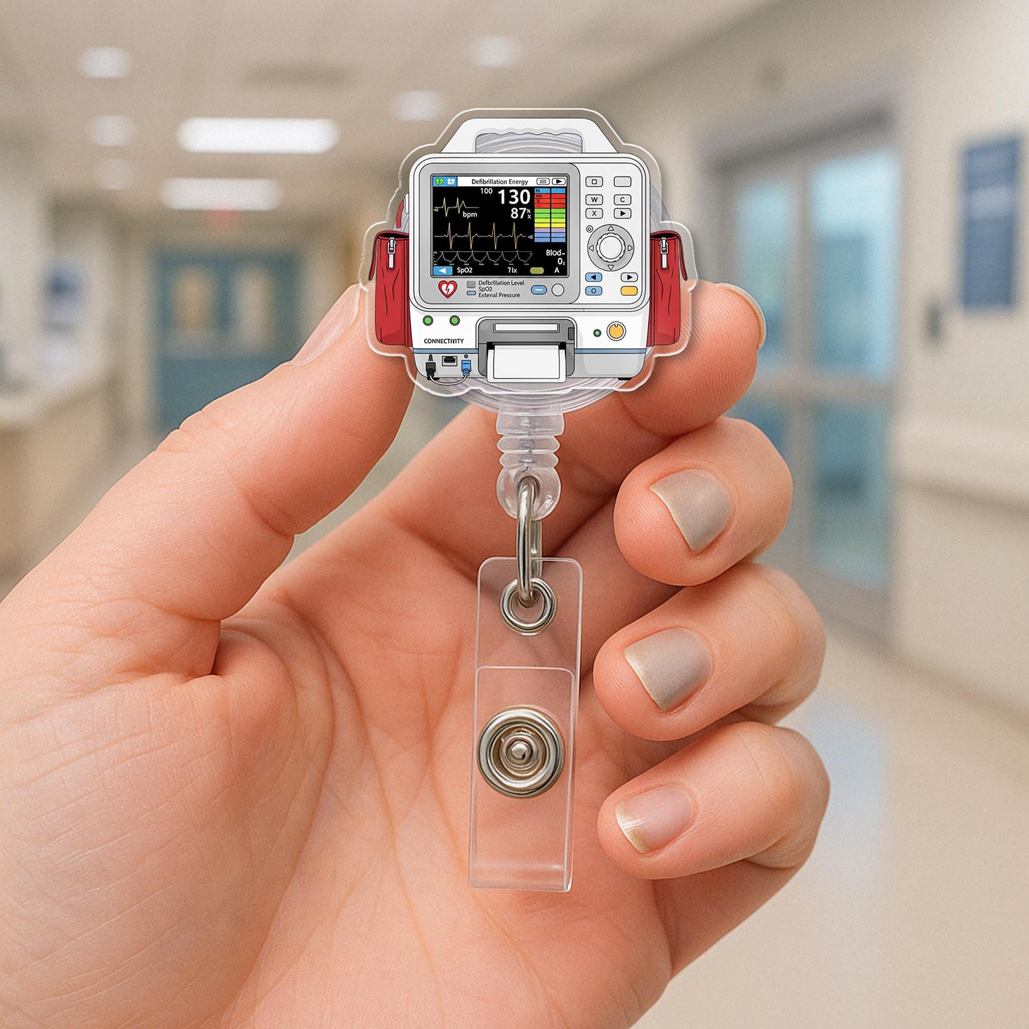 Defibrillator Badge Reel, Paramedic Nurse ID Holder, ECG Monitor Retractable Clip, Emt ER Tech Gift, Medical Accessory for Staff