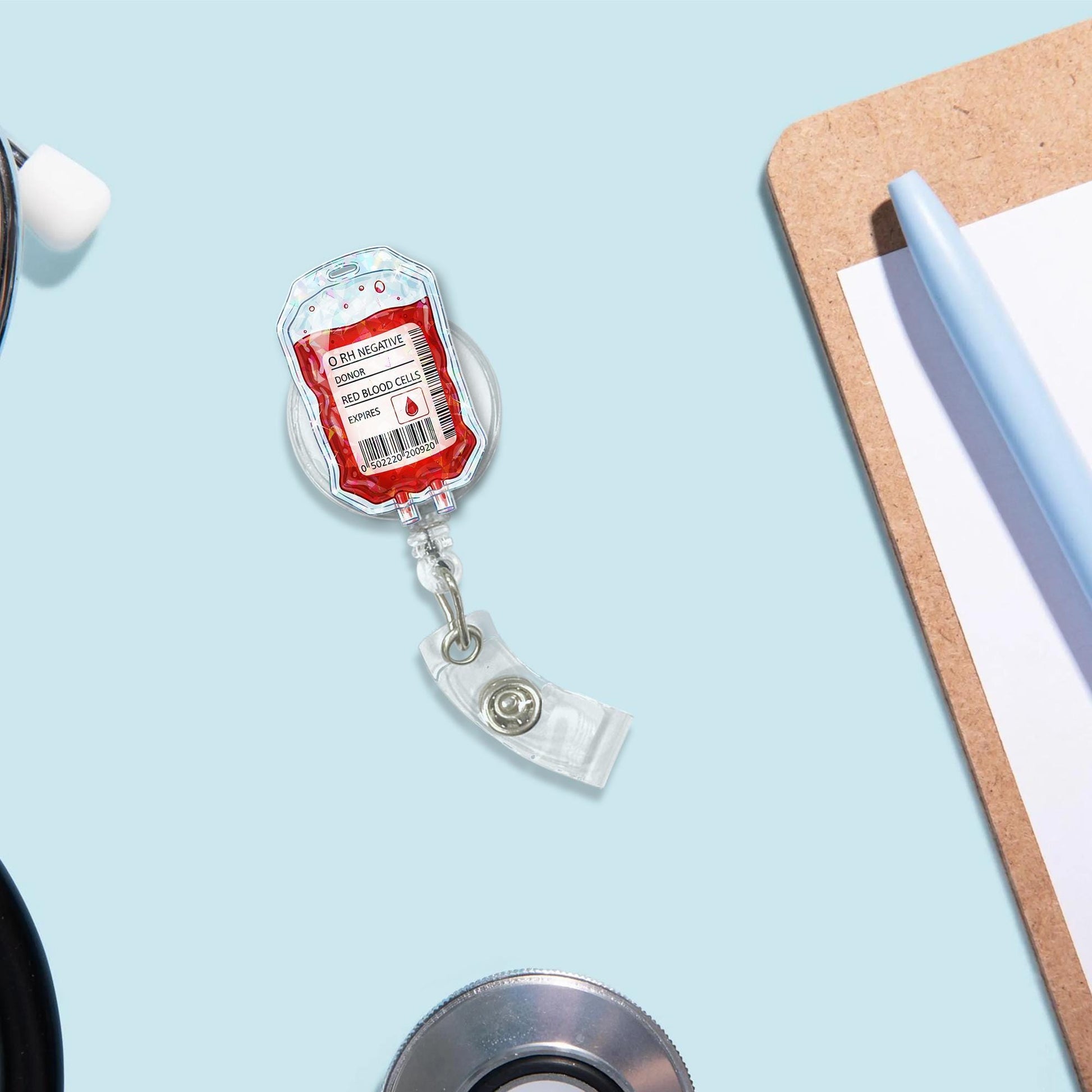 Blood Bag Hologram Badge Reel, O Negative ID Holder for Nurses and Medics, Funny Medical Retractable Clip, Phlebotomy Lab Tech Gift